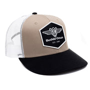 Snapback Trucker Hat - Buckle-Down Wings and Text 1993 Logo Black/White Patch on Tan Panel with White Mesh Hats Buckle-Down