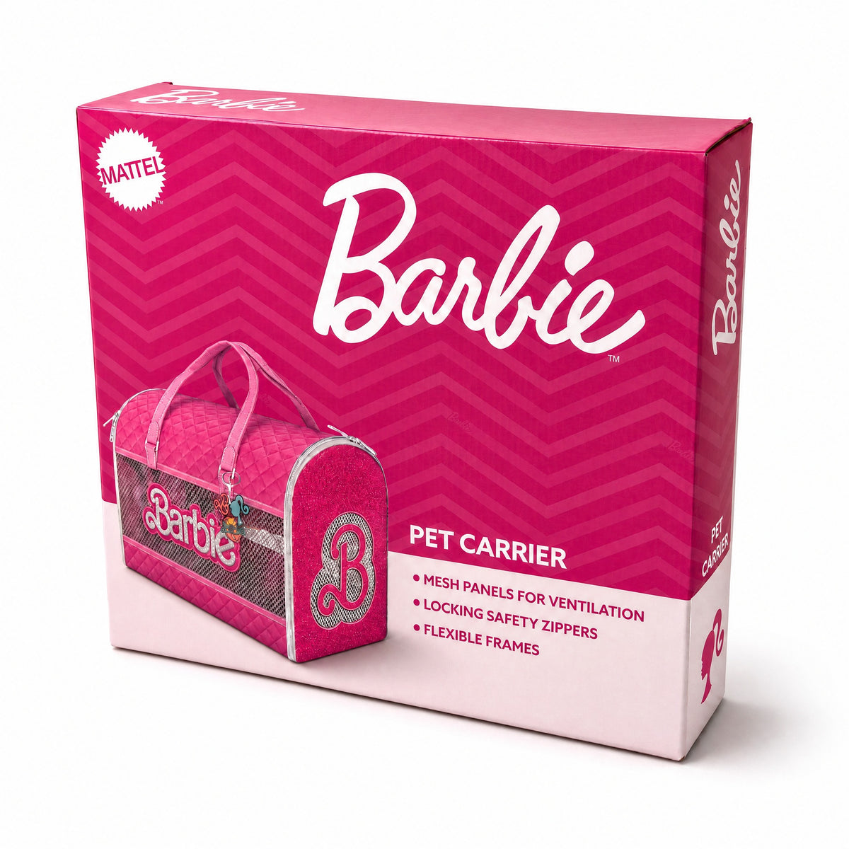 Pet Carrier - Barbie Quilted Vegan Leather with Mesh Window Panels and Glitter Appliques Pink