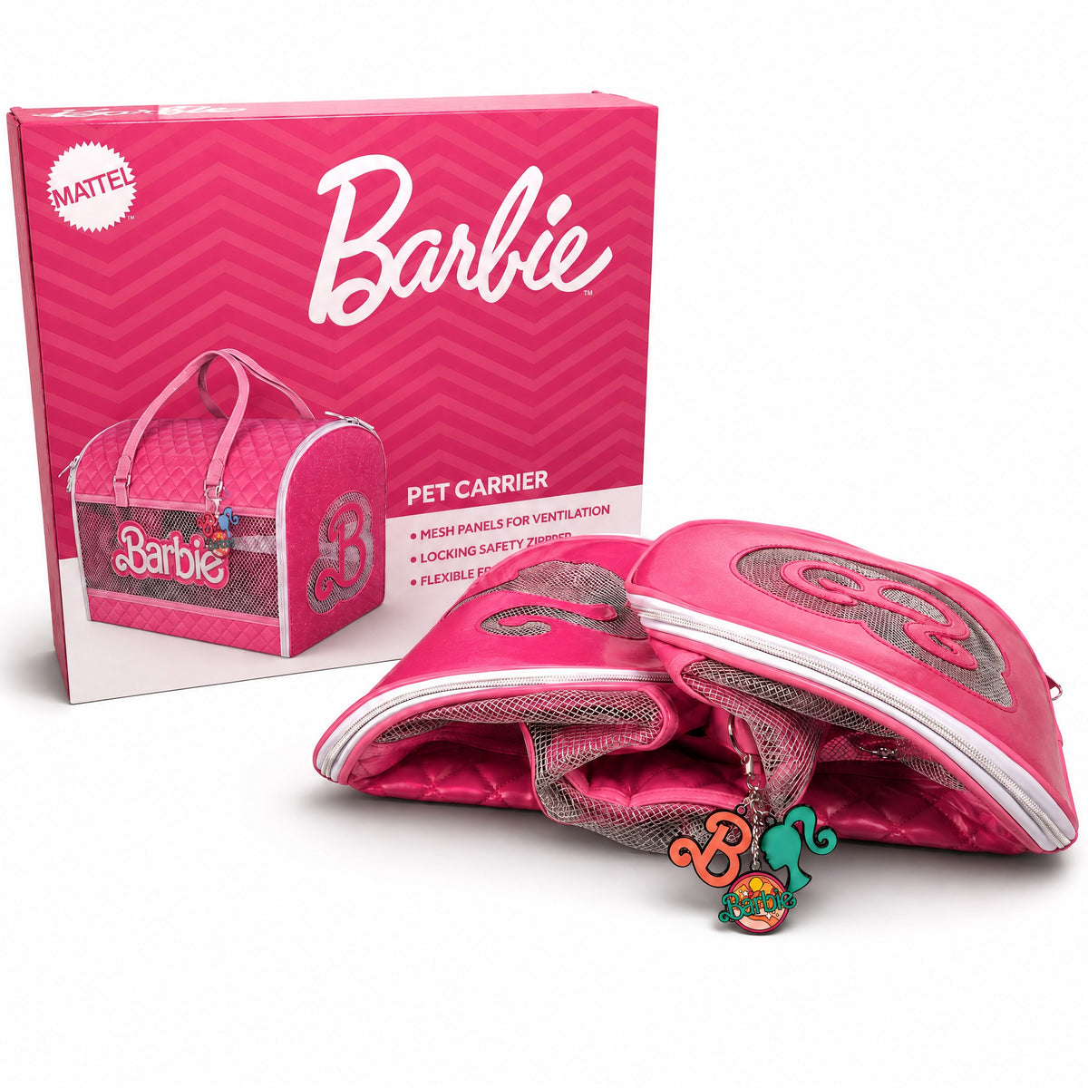 Pet Carrier - Barbie Quilted Vegan Leather with Mesh Window Panels and Glitter Appliques Pink Pet Carriers Barbie