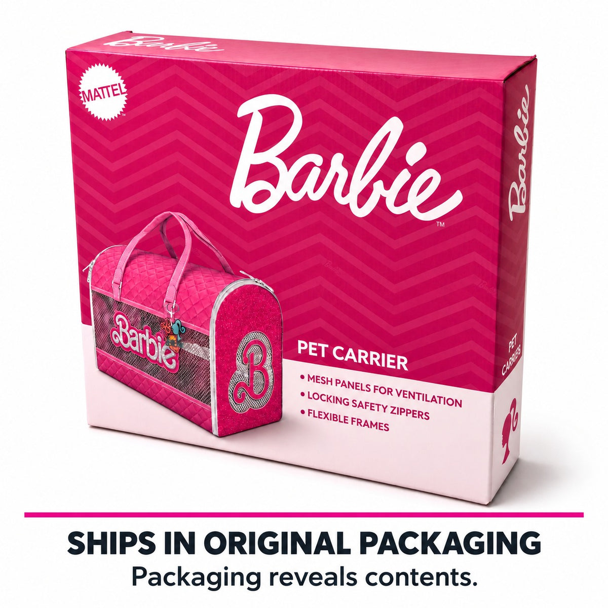 Pet Carrier - Barbie Quilted Vegan Leather with Mesh Window Panels and Glitter Appliques Pink Pet Carriers Barbie