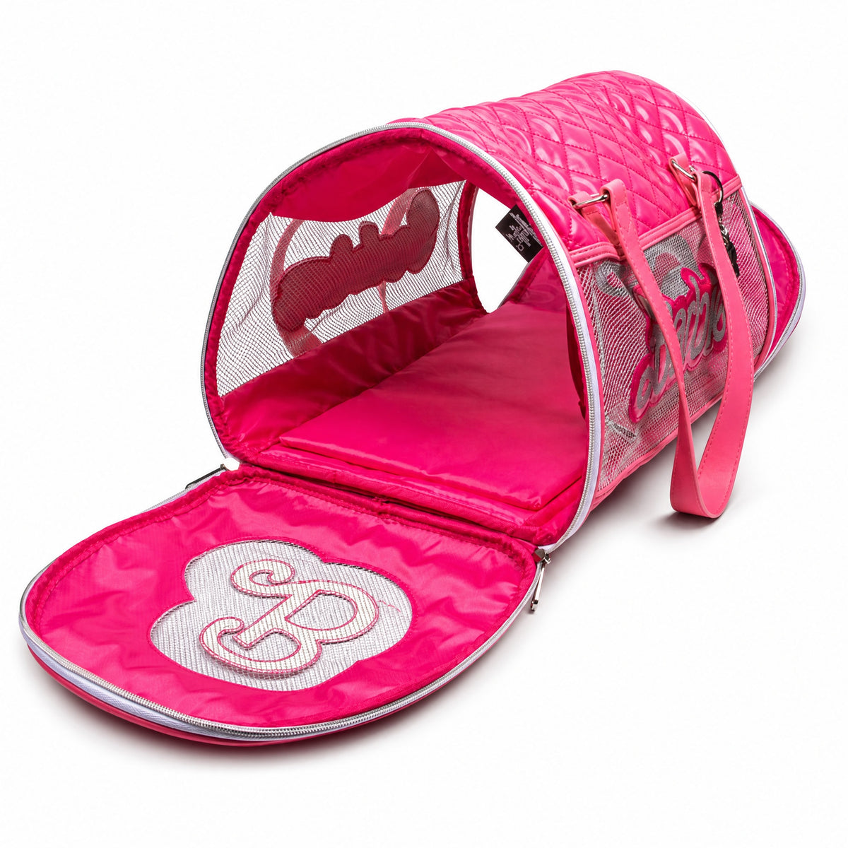 Pet Carrier - Barbie Quilted Vegan Leather with Mesh Window Panels and Glitter Appliques Pink Pet Carriers Barbie