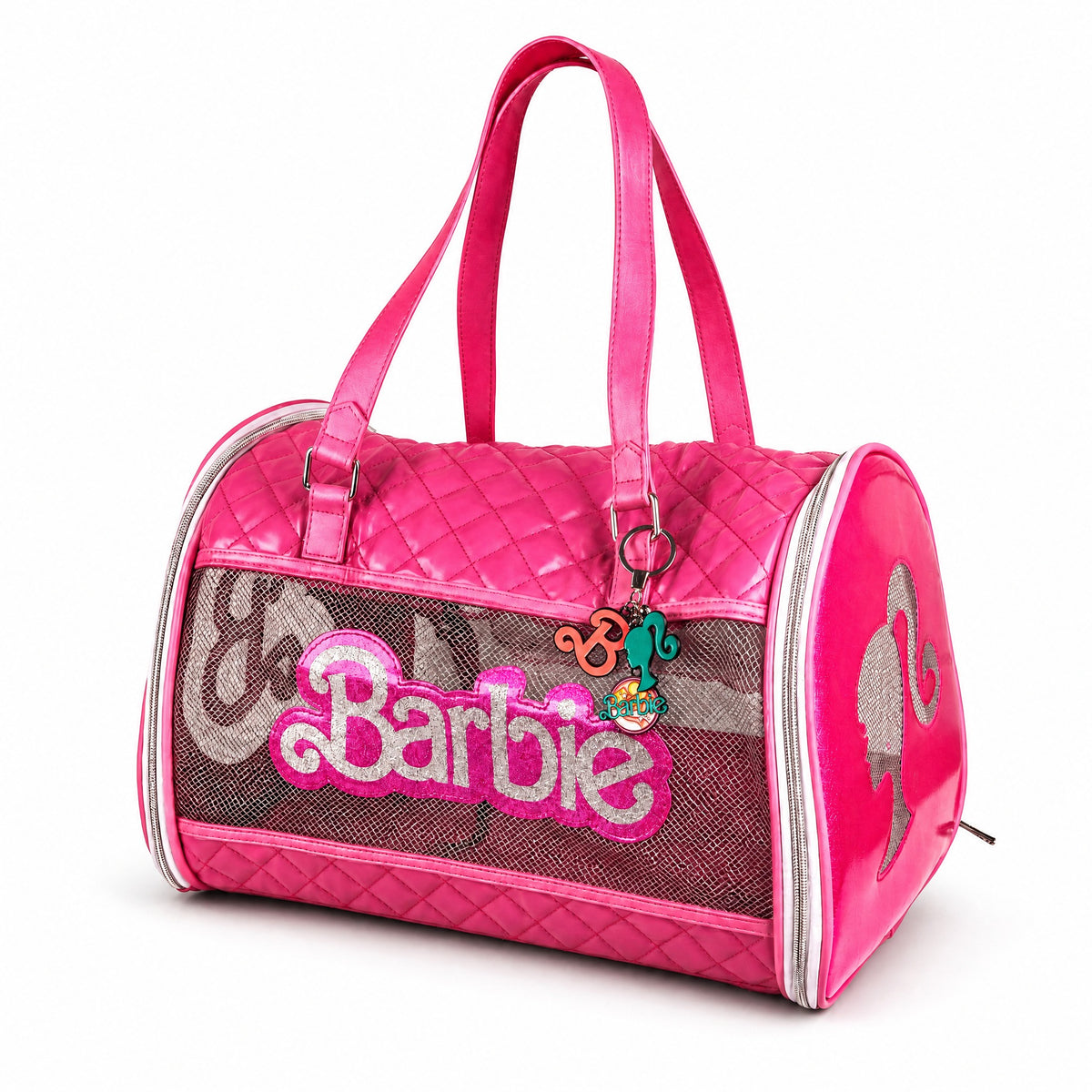 Pet Carrier - Barbie Quilted Vegan Leather with Mesh Window Panels and Glitter Appliques Pink Pet Carriers Barbie