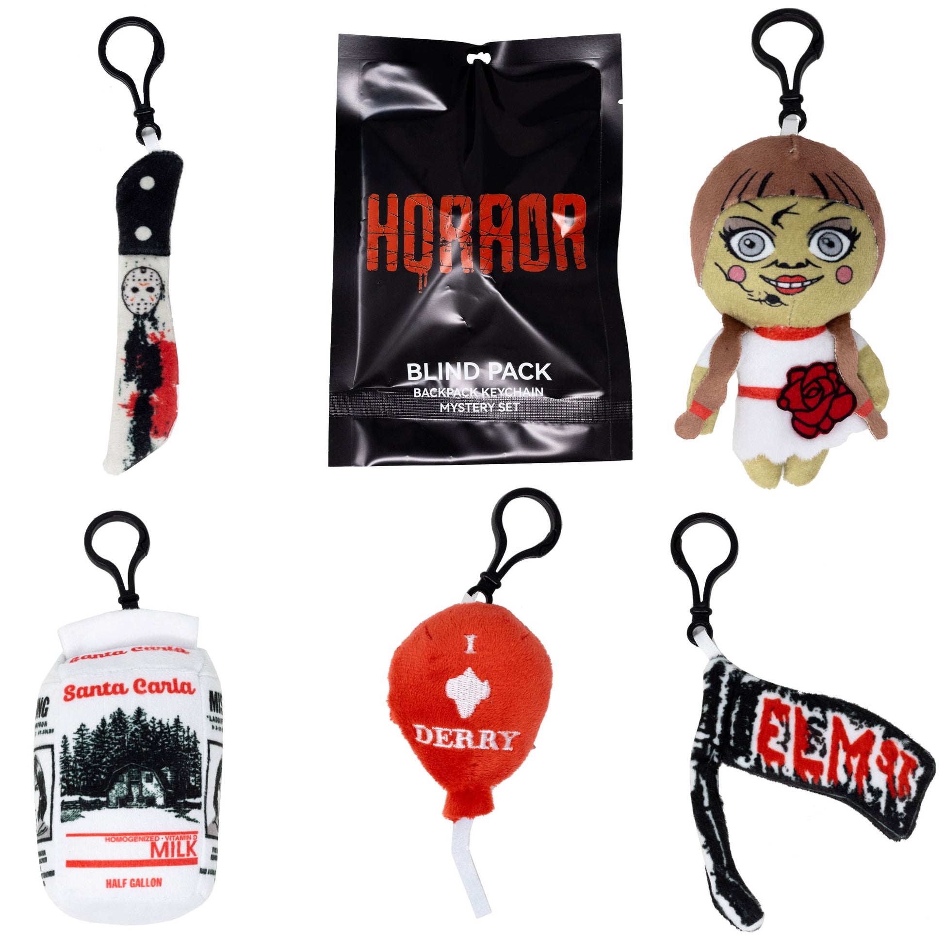 Warner Bros. Horror Movies Mystery Backpack Keychain Charm Blind Box Series, Nightmare on Elm St. Street Sign, Jason's Knife, Pennywise's Balloon, Annabelle, or a Lost Boys Milk Carton Blind Box Keychains Warner Bros. Horror Movies