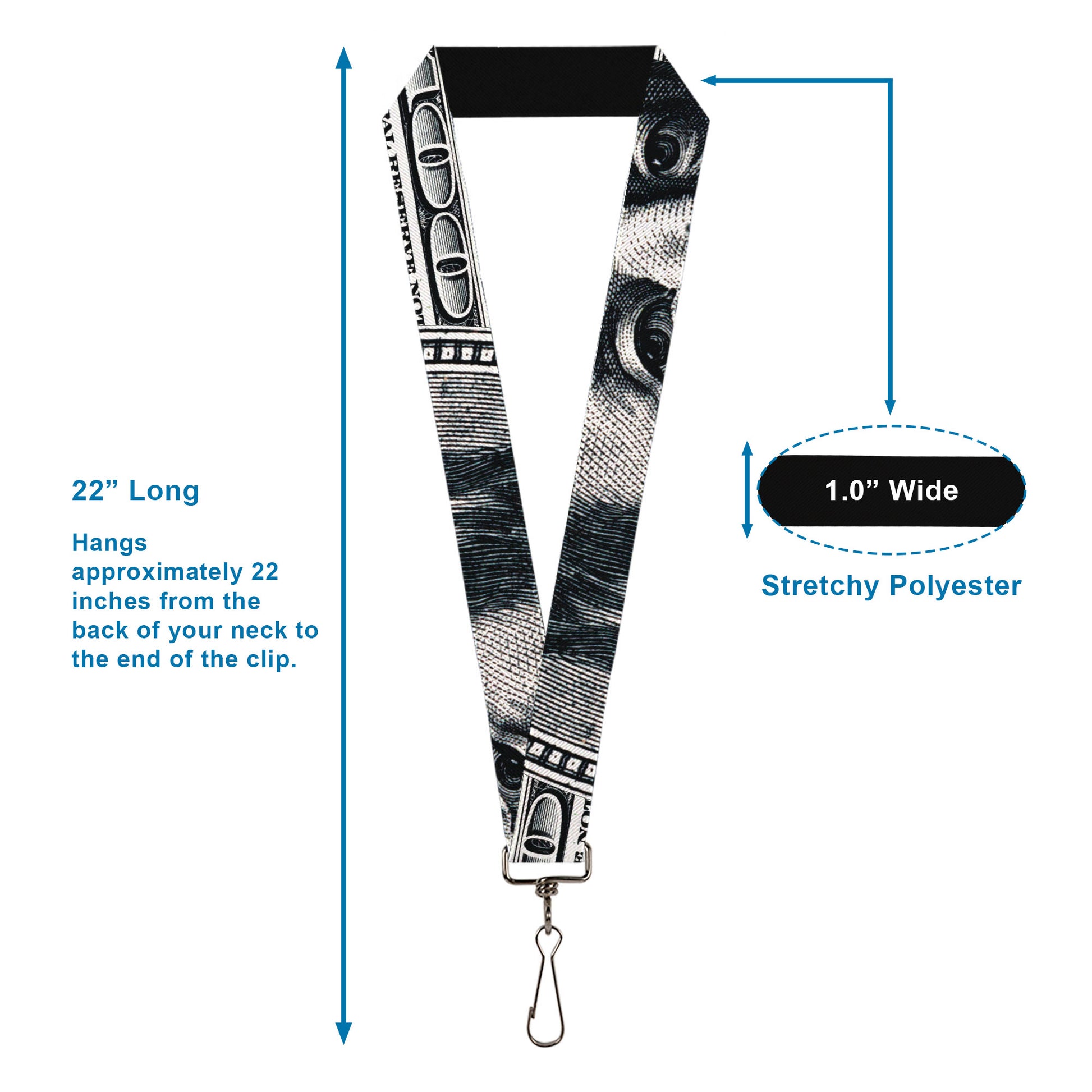 Lanyard - 1.0" - 100 Dollar Bill CLOSE-UP White Black Lanyards Buckle-Down