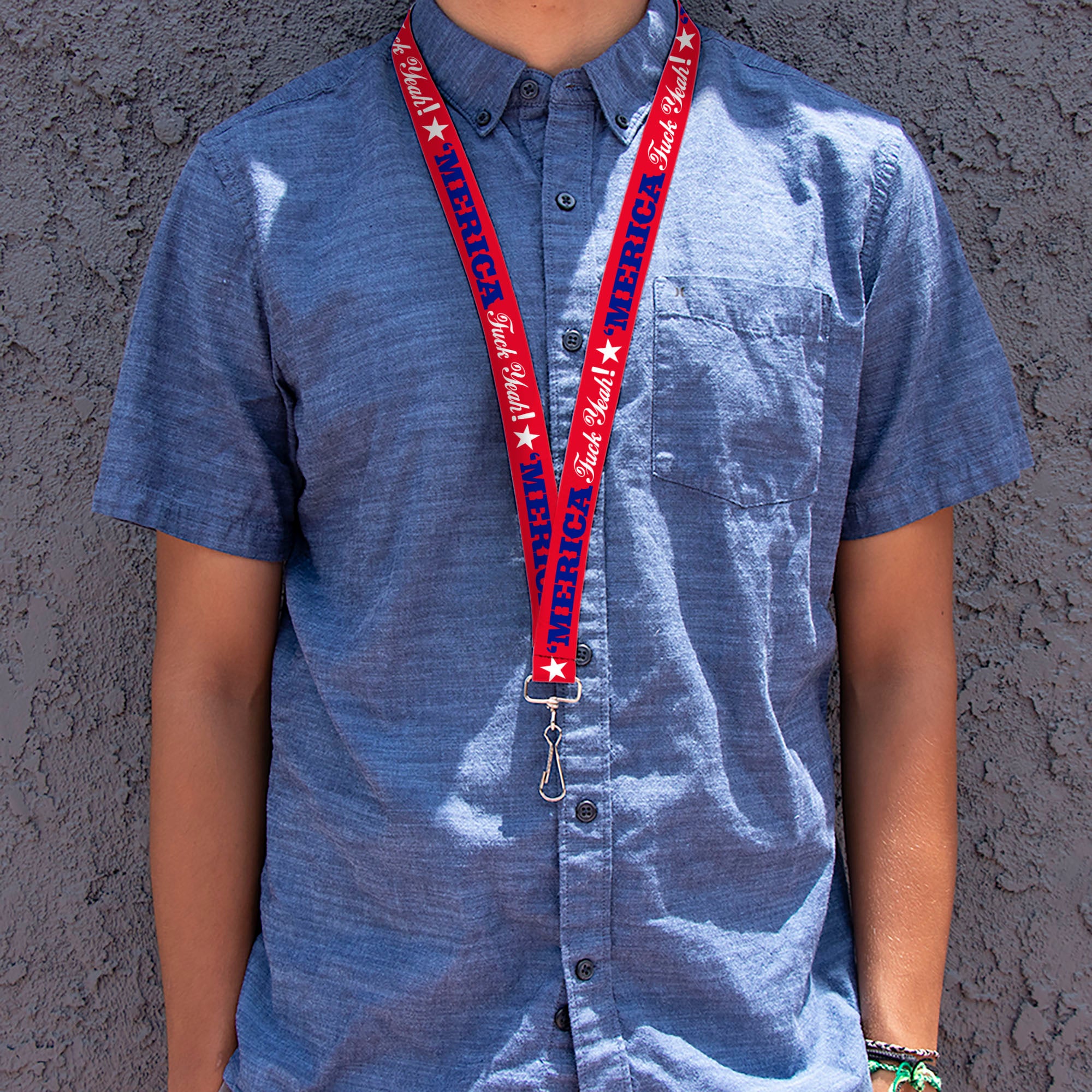 Lanyard - 1.0" - MERICA FUCK YEAH! Star Red Blue White Lanyards Buckle-Down