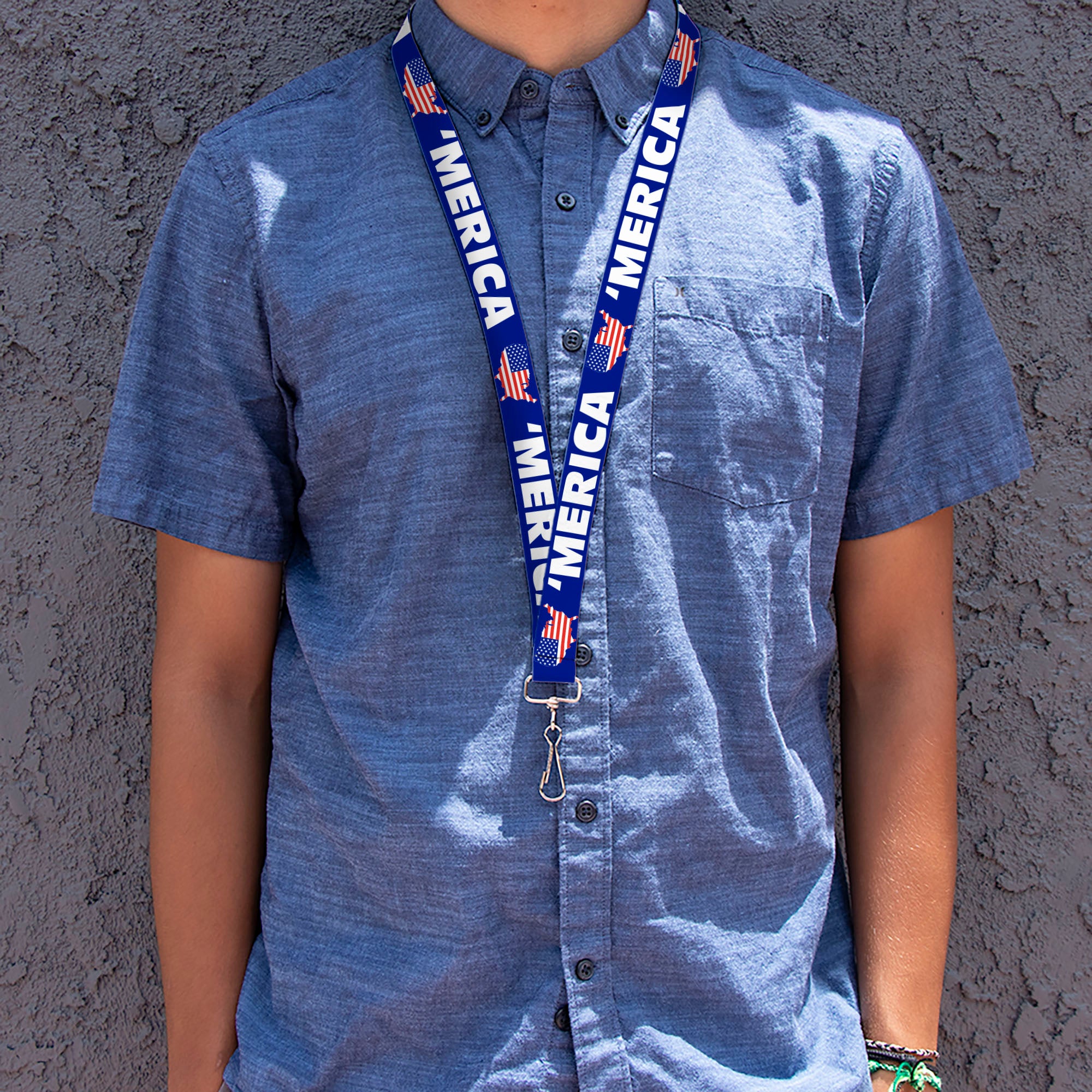 Lanyard - 1.0" - MERICA USA Silhouette Blue White US Flag Lanyards Buckle-Down