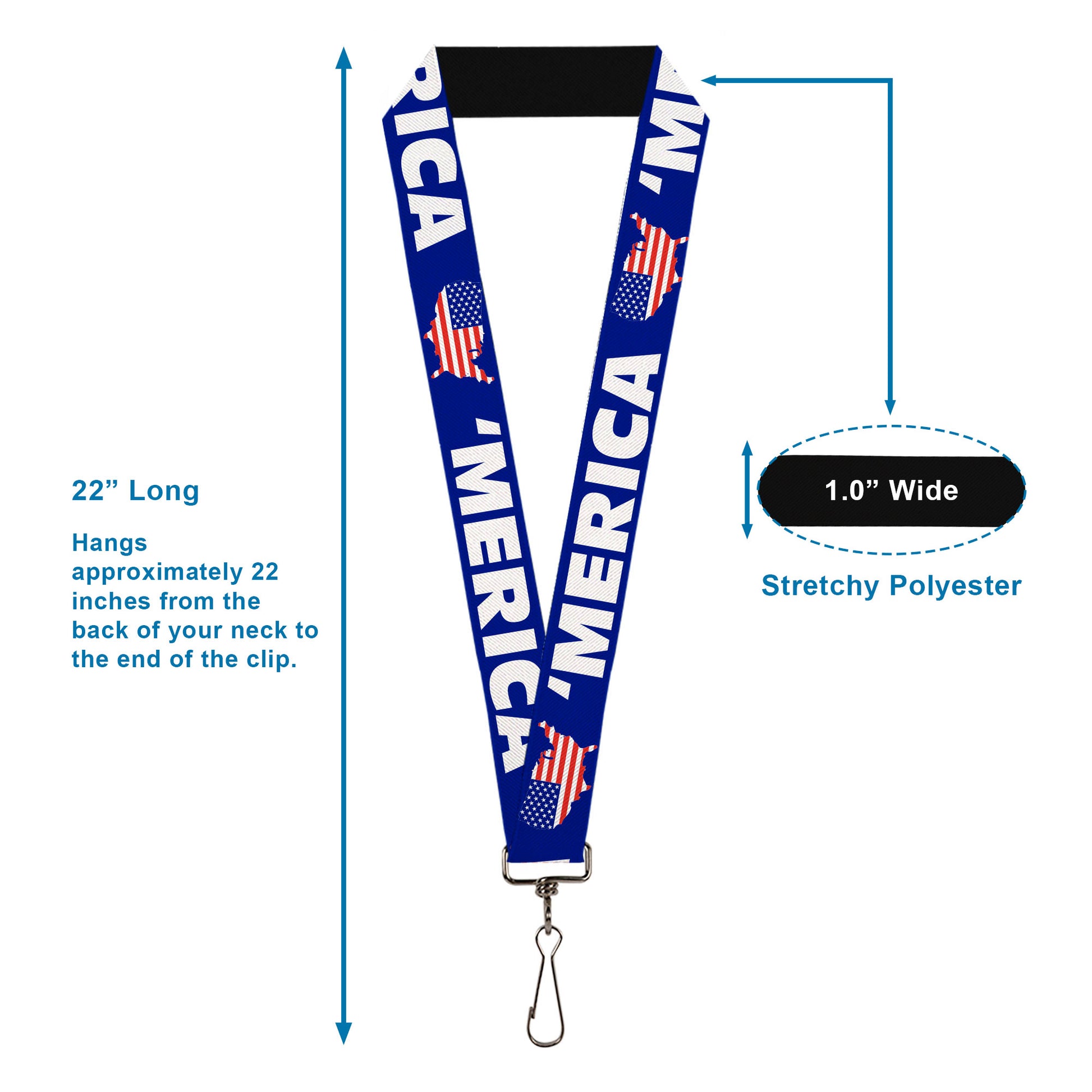 Lanyard - 1.0" - MERICA USA Silhouette Blue White US Flag Lanyards Buckle-Down