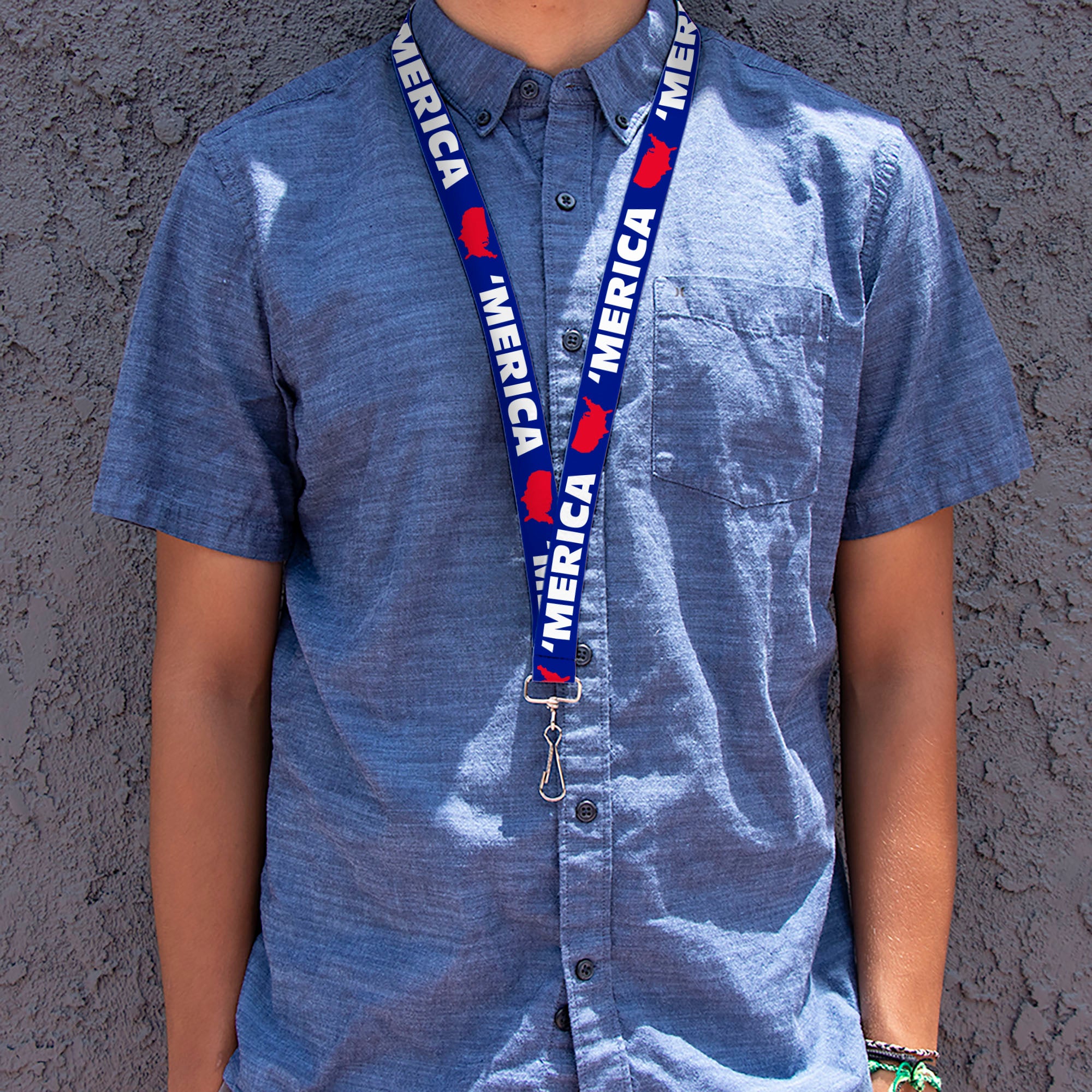 Lanyard - 1.0" - MERICA USA Silhouette Blue White Red Lanyards Buckle-Down