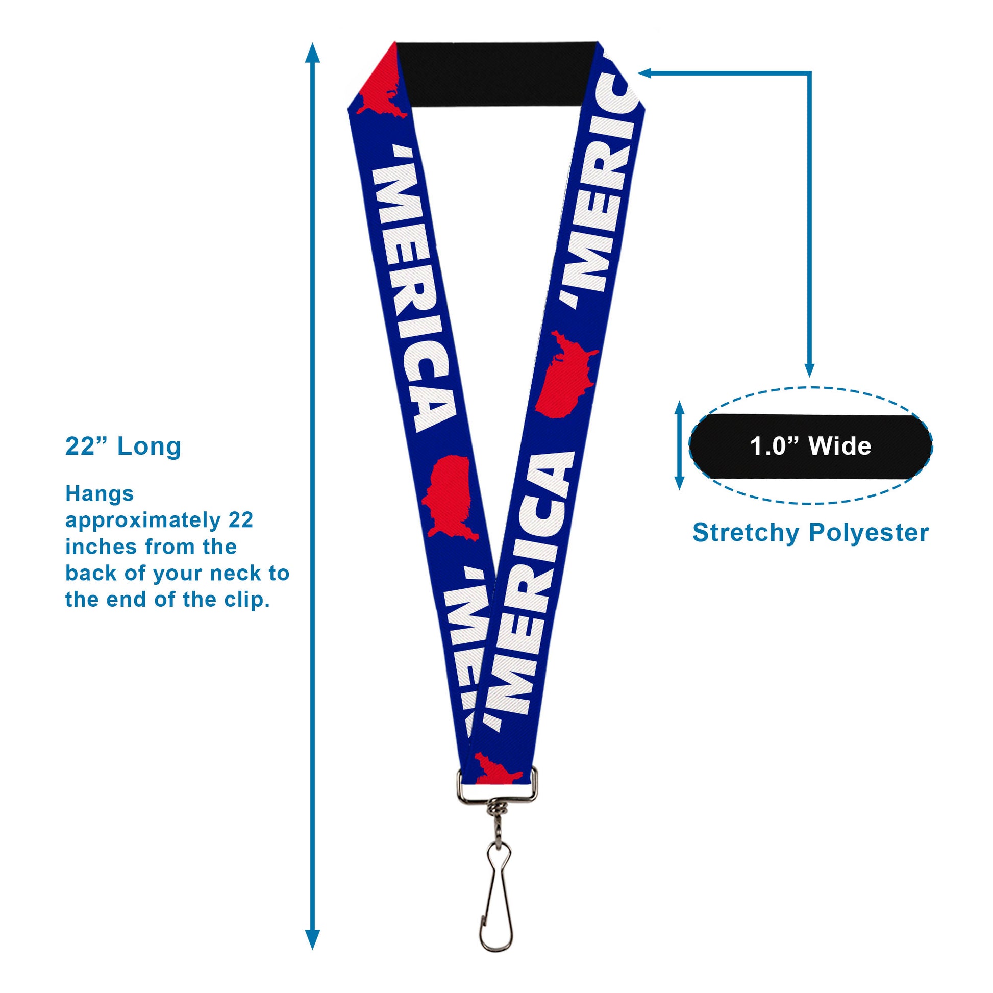 Lanyard - 1.0" - MERICA USA Silhouette Blue White Red Lanyards Buckle-Down
