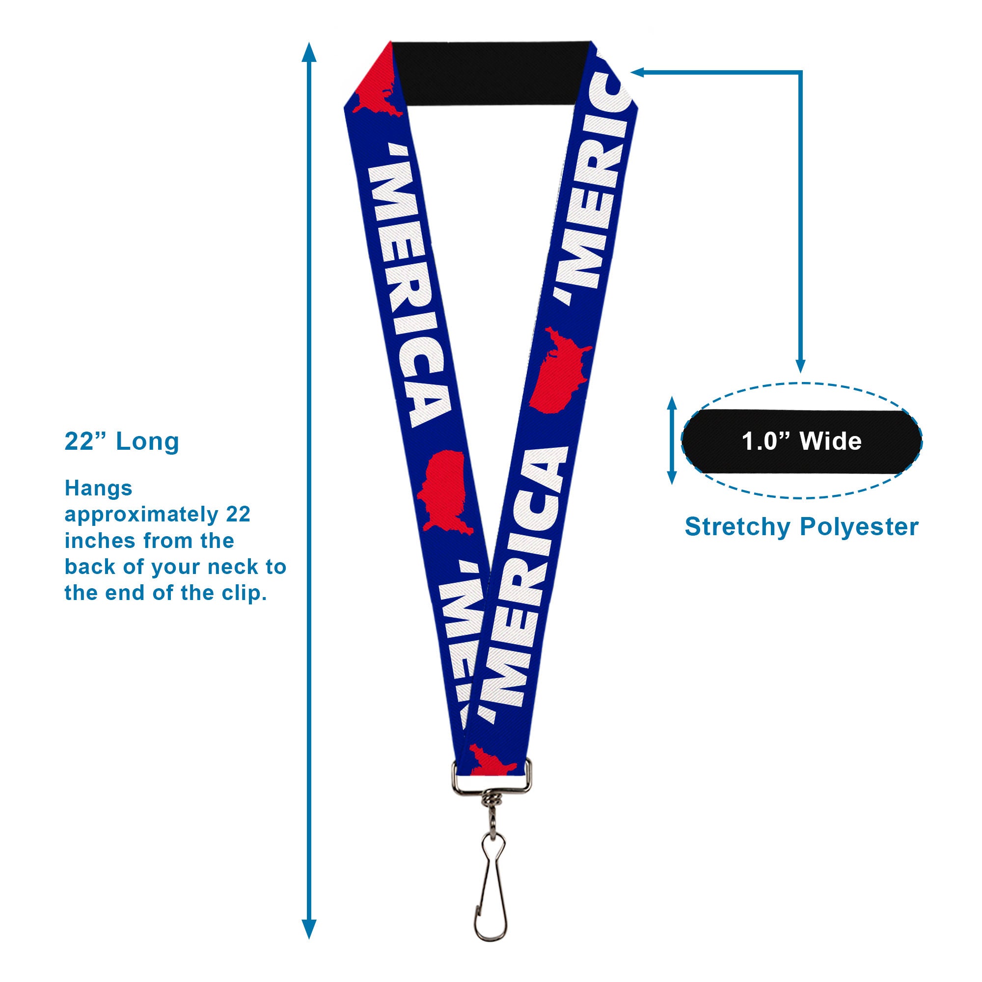 Lanyard - 1.0" - MERICA USA Silhouette Blue White Red Lanyards Buckle-Down