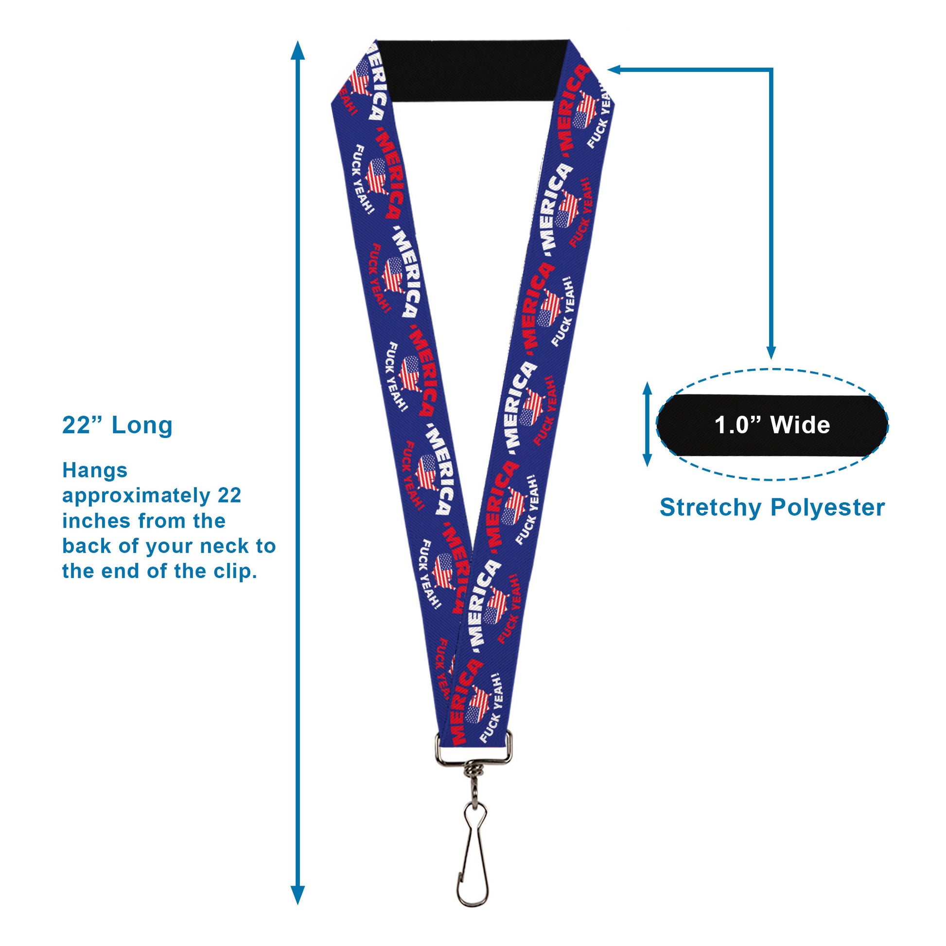 Lanyard - 1.0" - MERICA FUCK YEAH! USA Silhouette Blue White Red US Flag Lanyards Buckle-Down