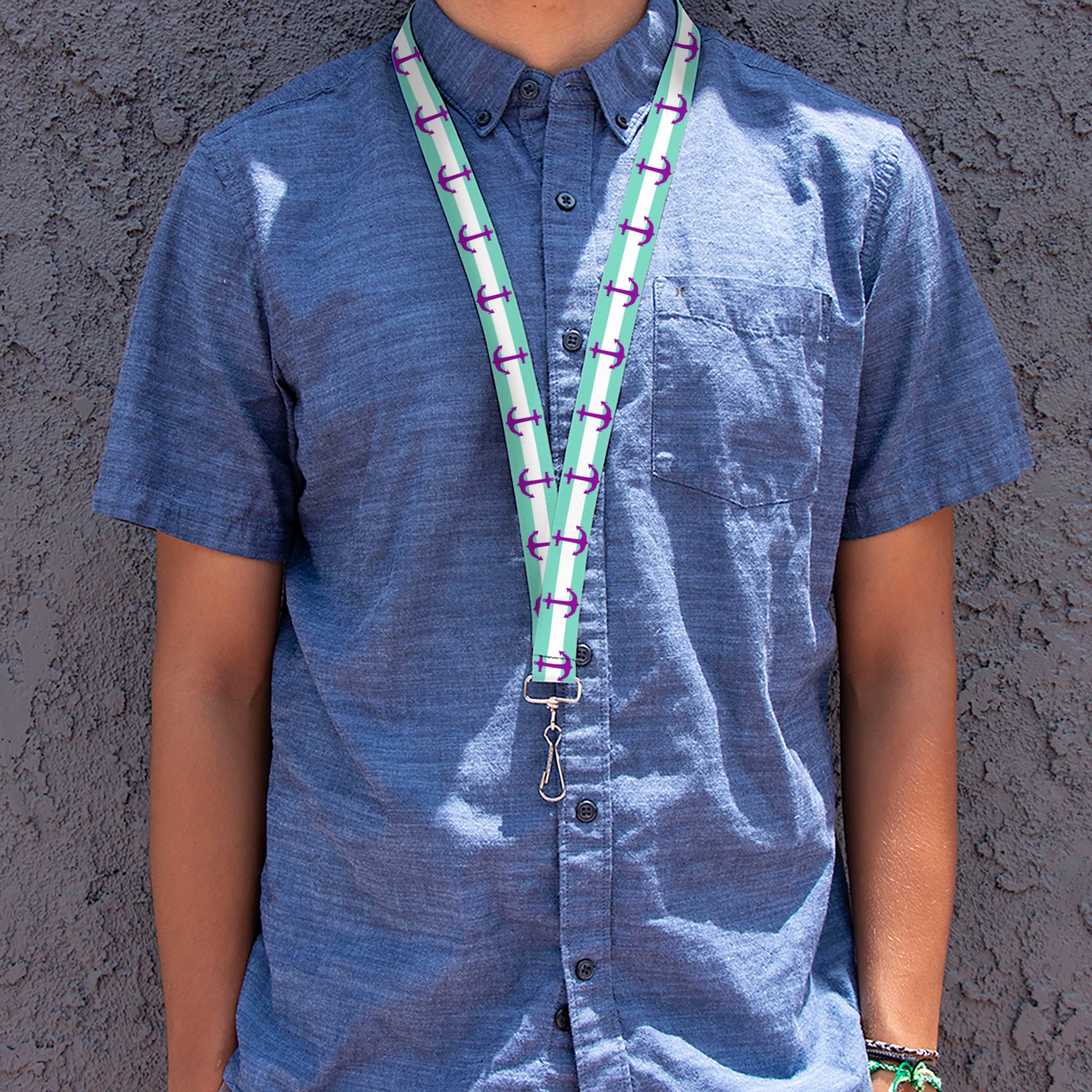 Lanyard - 1.0" - Anchor Stripe Teal White Purple Lanyards Buckle-Down