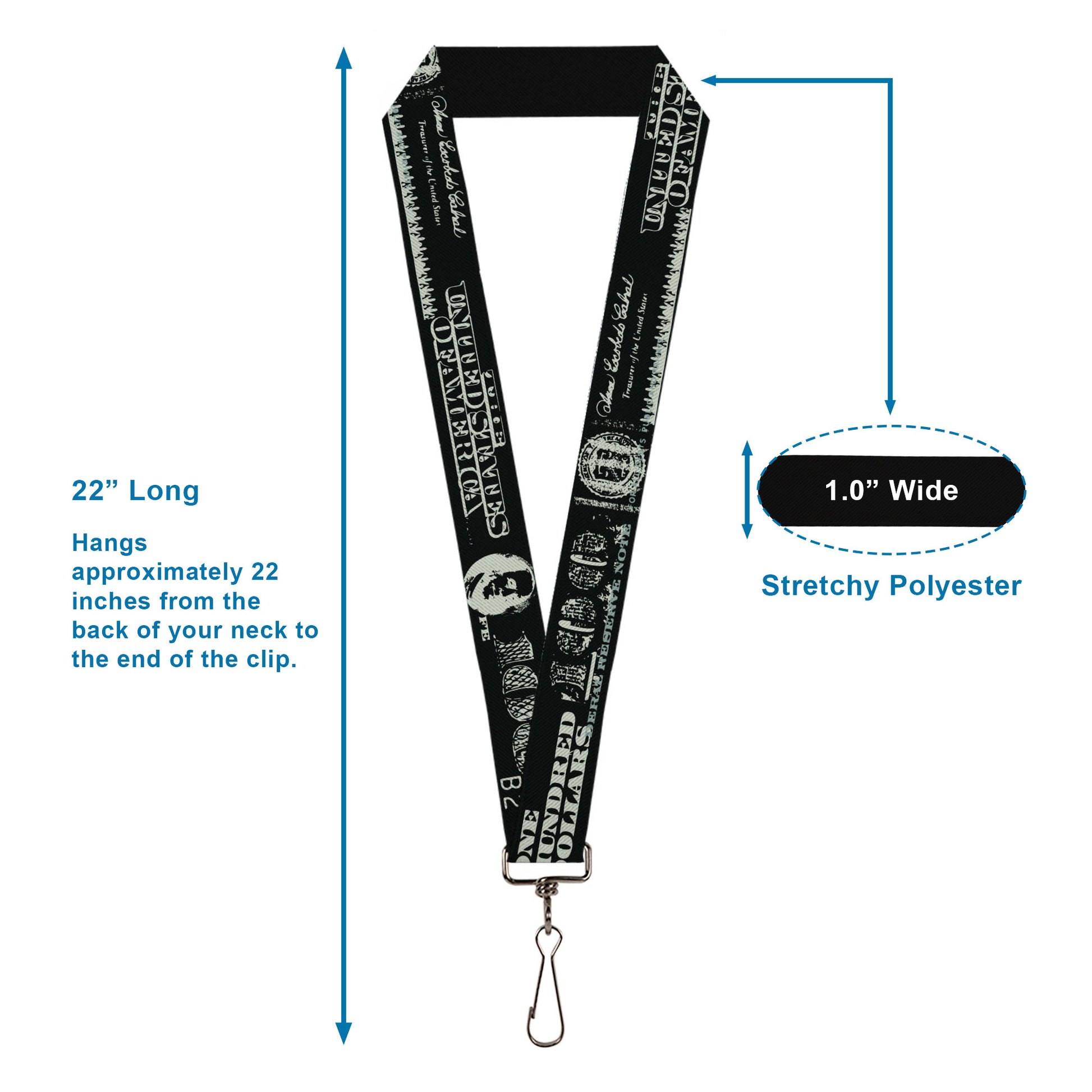 Lanyard - 1.0" - Americana One Hundred Dollar Bill Elements Black Gray Lanyards Buckle-Down