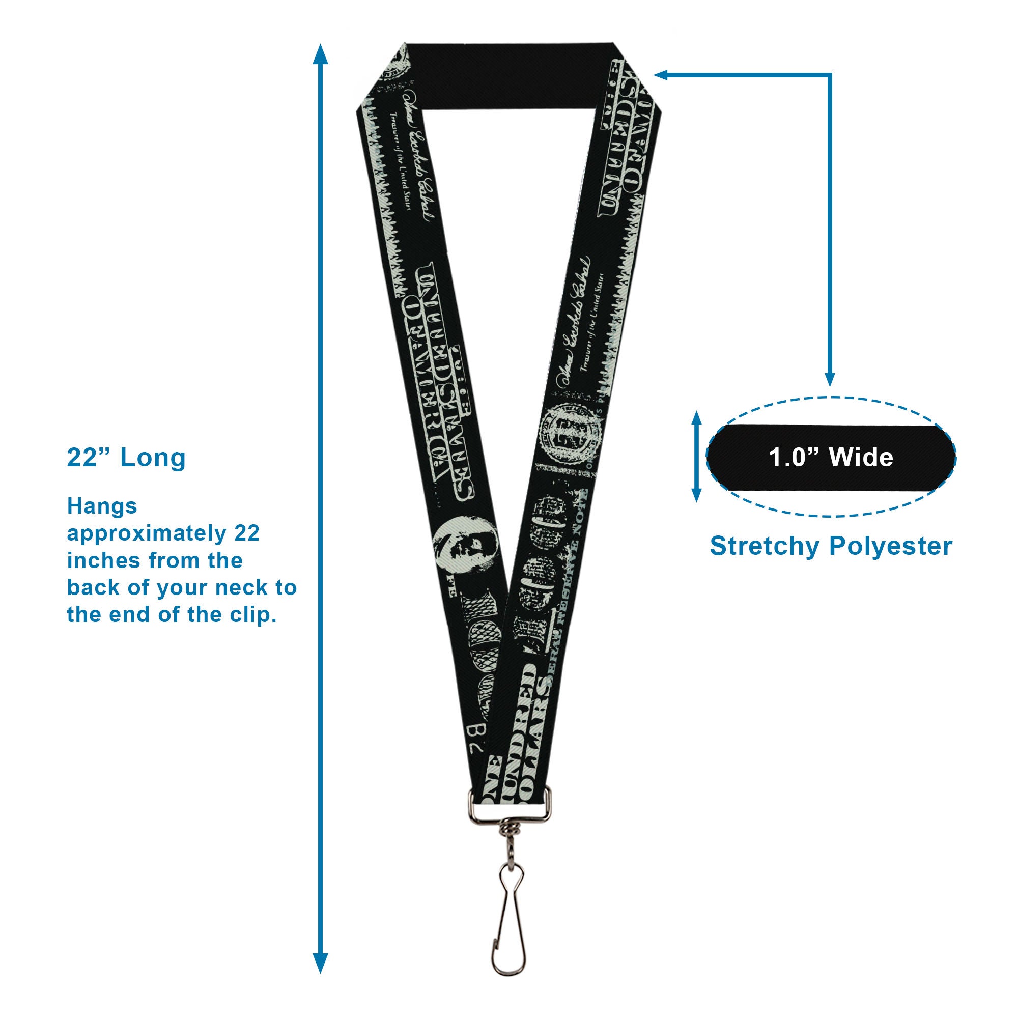 Lanyard - 1.0" - Americana One Hundred Dollar Bill Elements Black Gray Lanyards Buckle-Down
