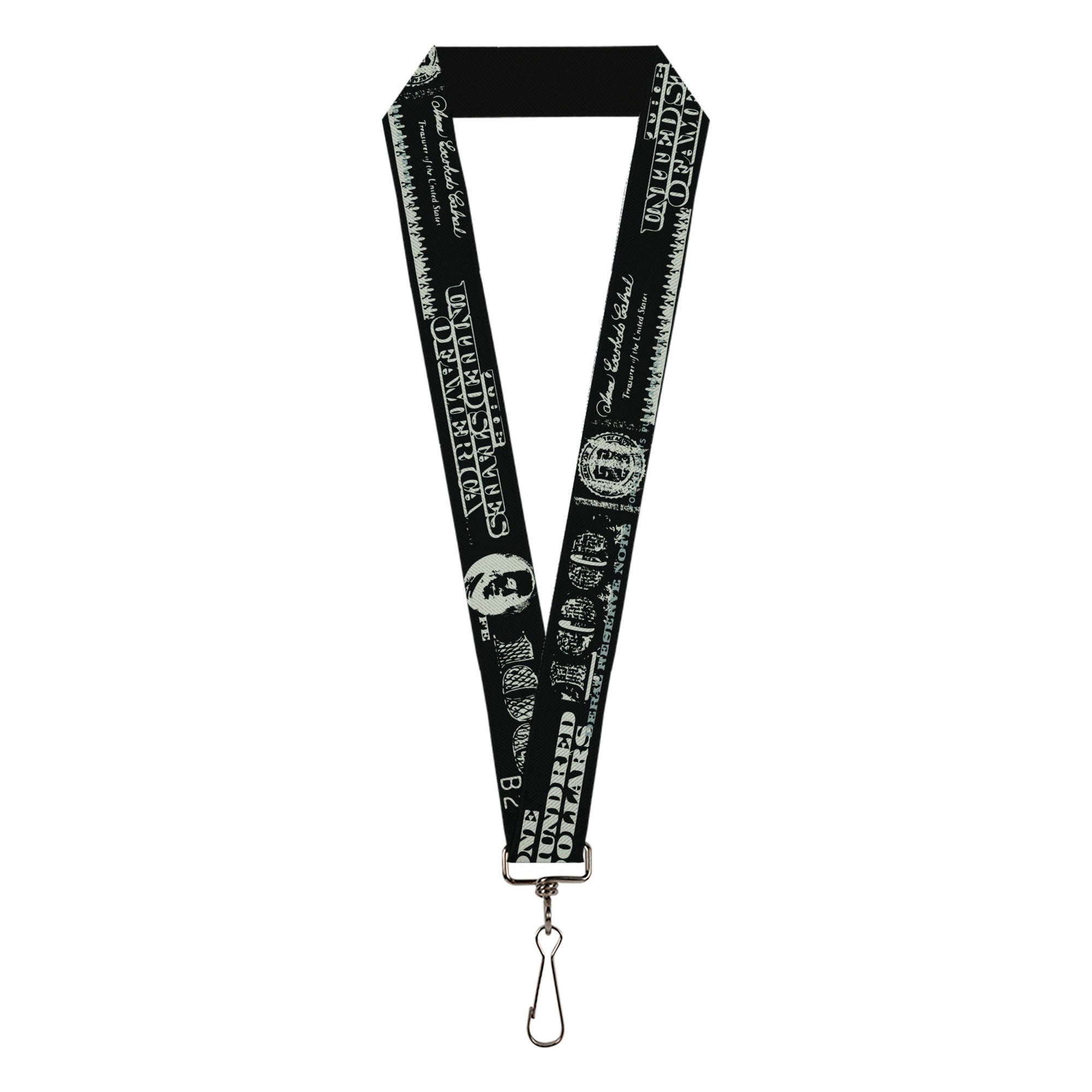Lanyard - 1.0" - Americana One Hundred Dollar Bill Elements Black Gray Lanyards Buckle-Down