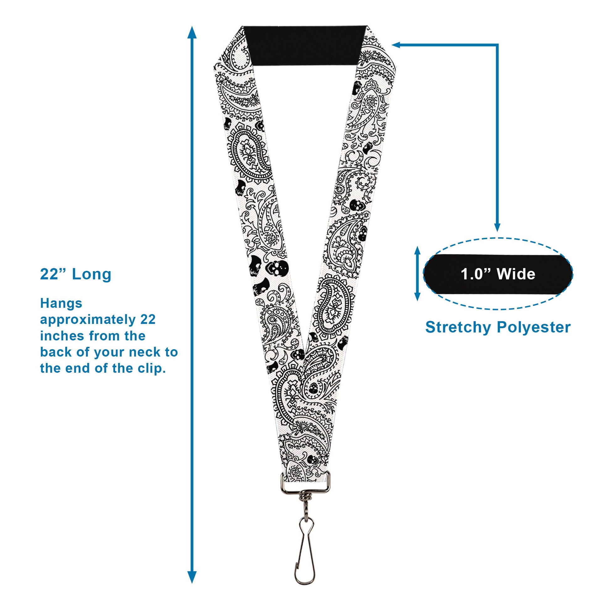Lanyard - 1.0" - Bandana Skulls White Black Lanyards Buckle-Down