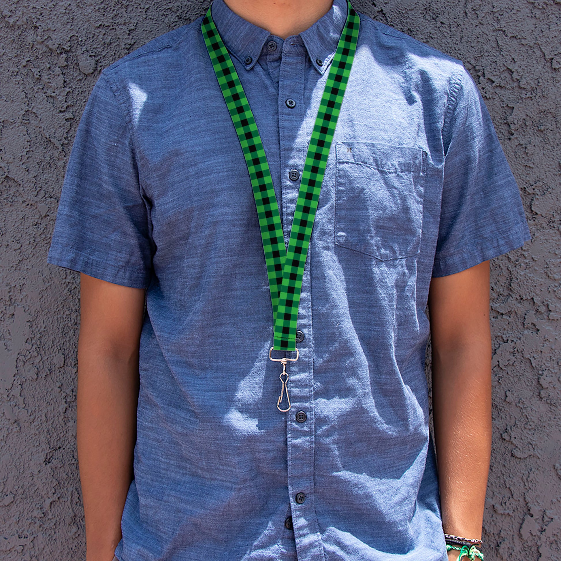 Lanyard - 1.0" - Buffalo Plaid Black Neon Green Lanyards Buckle-Down