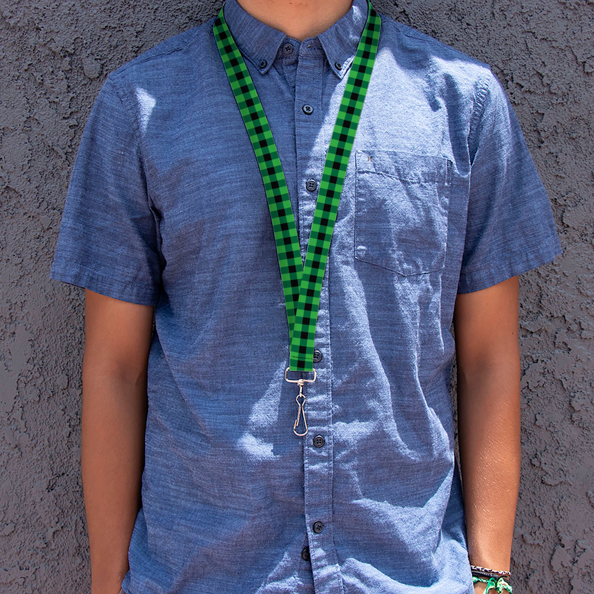 Lanyard - 1.0" - Buffalo Plaid Black Neon Green Lanyards Buckle-Down