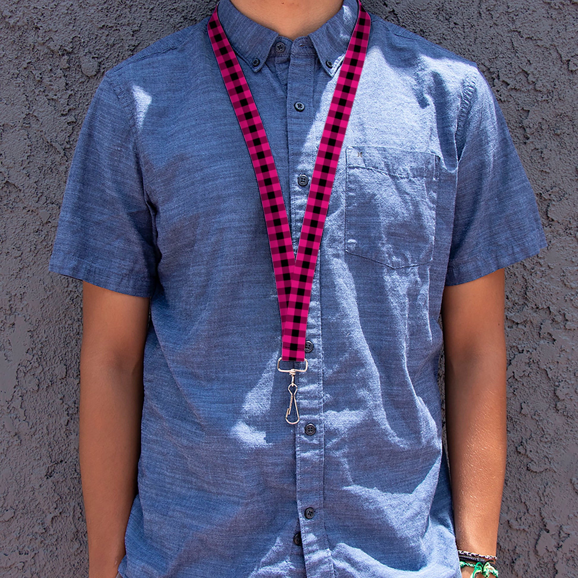 Lanyard - 1.0" - Buffalo Plaid Black Fuchsia Lanyards Buckle-Down