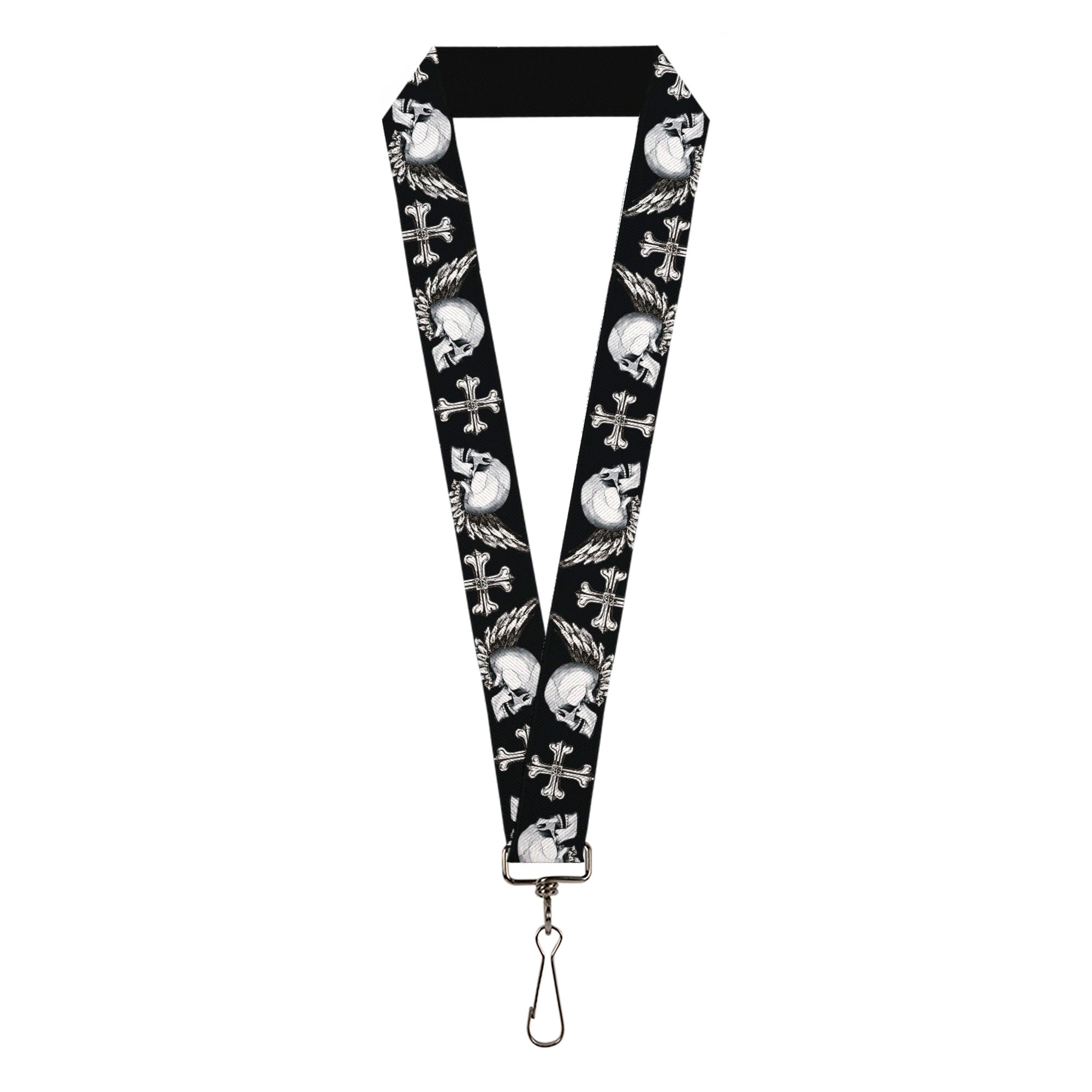 Lanyard - 1.0" - BD Skulls w Wings Black White Lanyards Buckle-Down