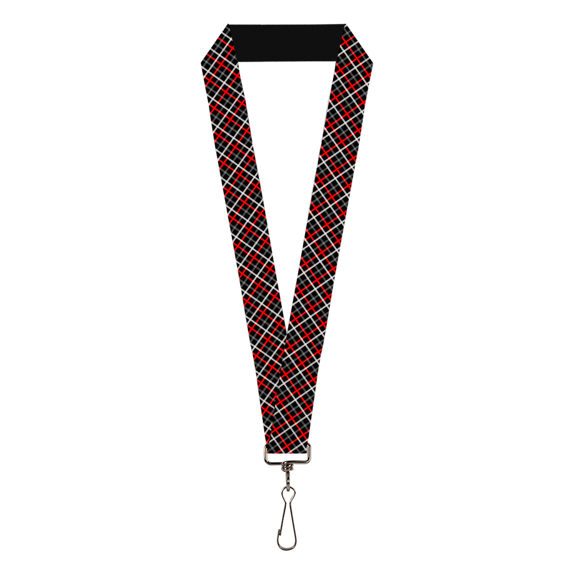 Lanyard - 1.0" - Criss Cross Plaid Black Gray Red Lanyards Buckle-Down
