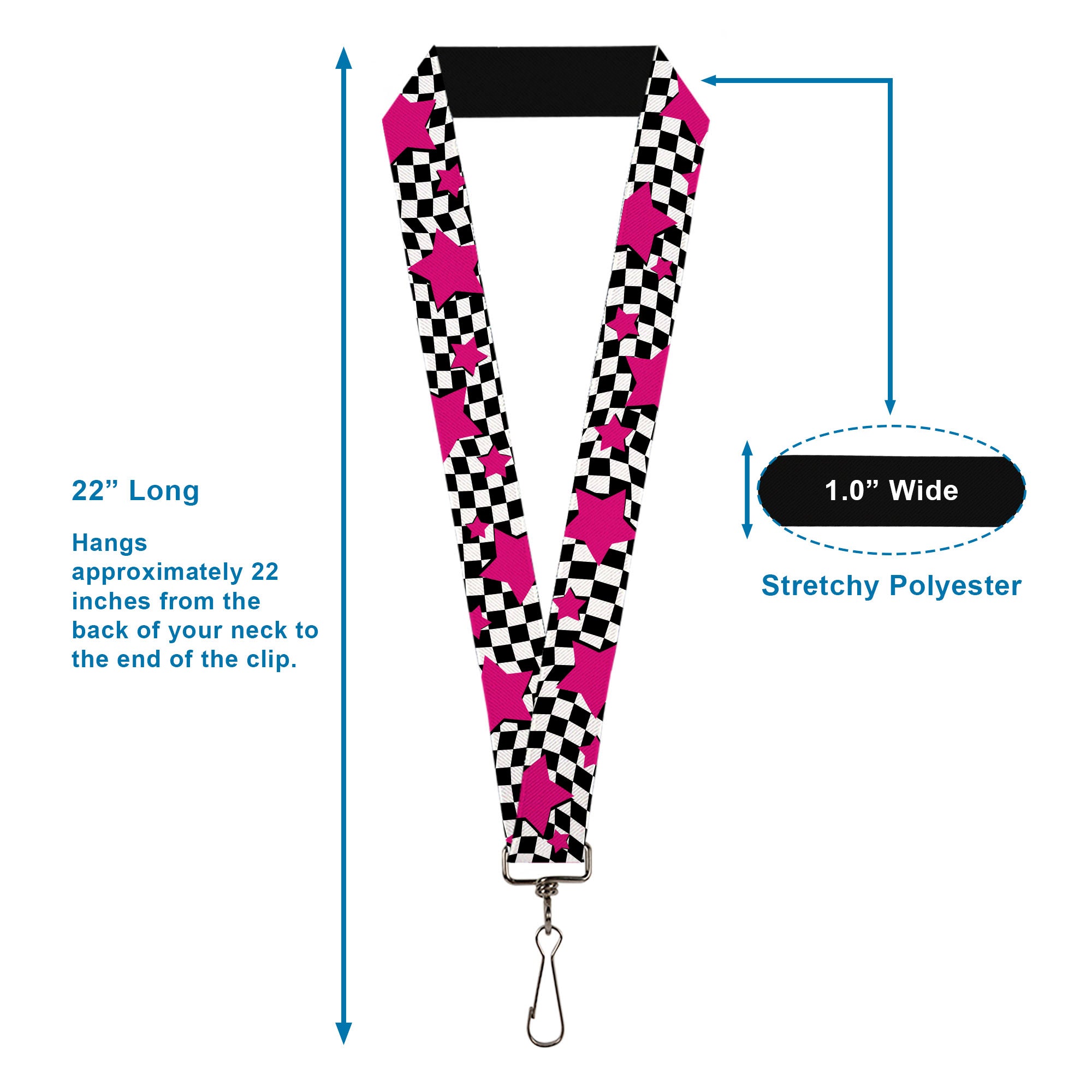 Lanyard - 1.0" - Checker & Stars Black White Pink Lanyards Buckle-Down