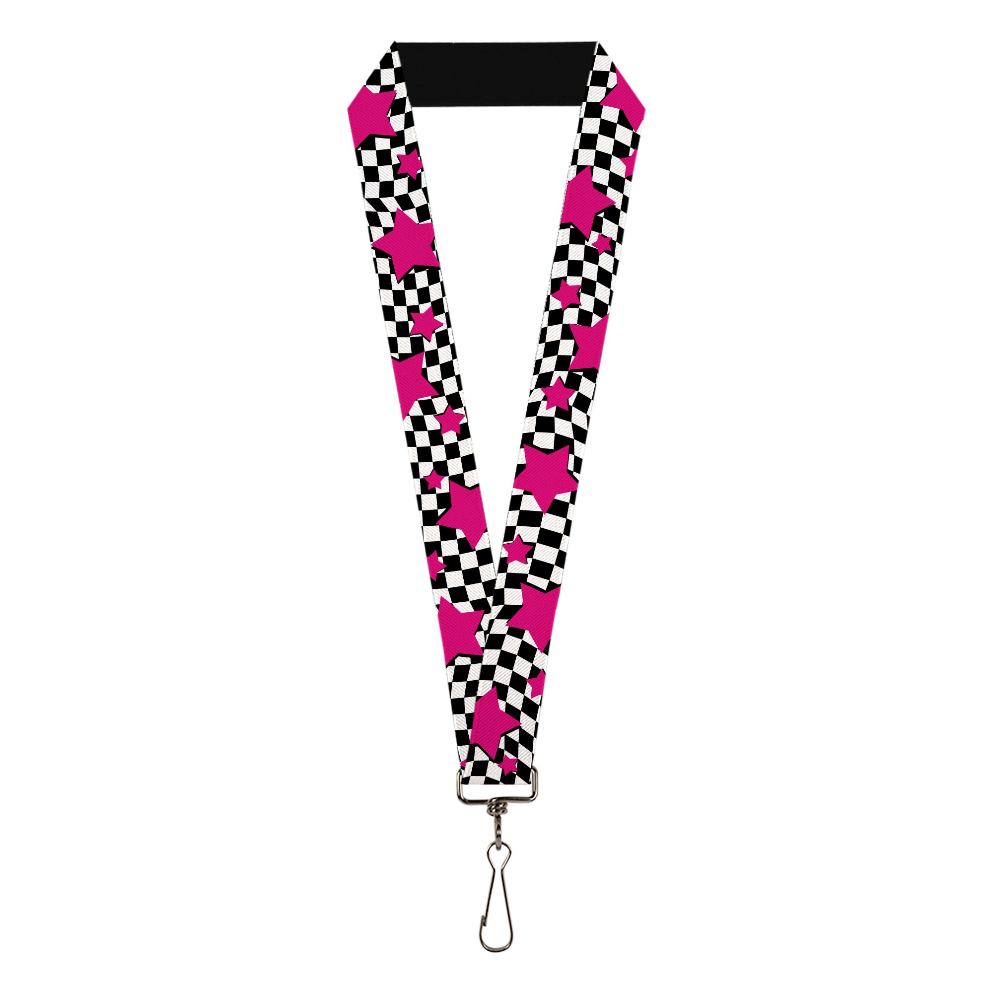 Lanyard - 1.0" - Checker & Stars Black White Pink Lanyards Buckle-Down