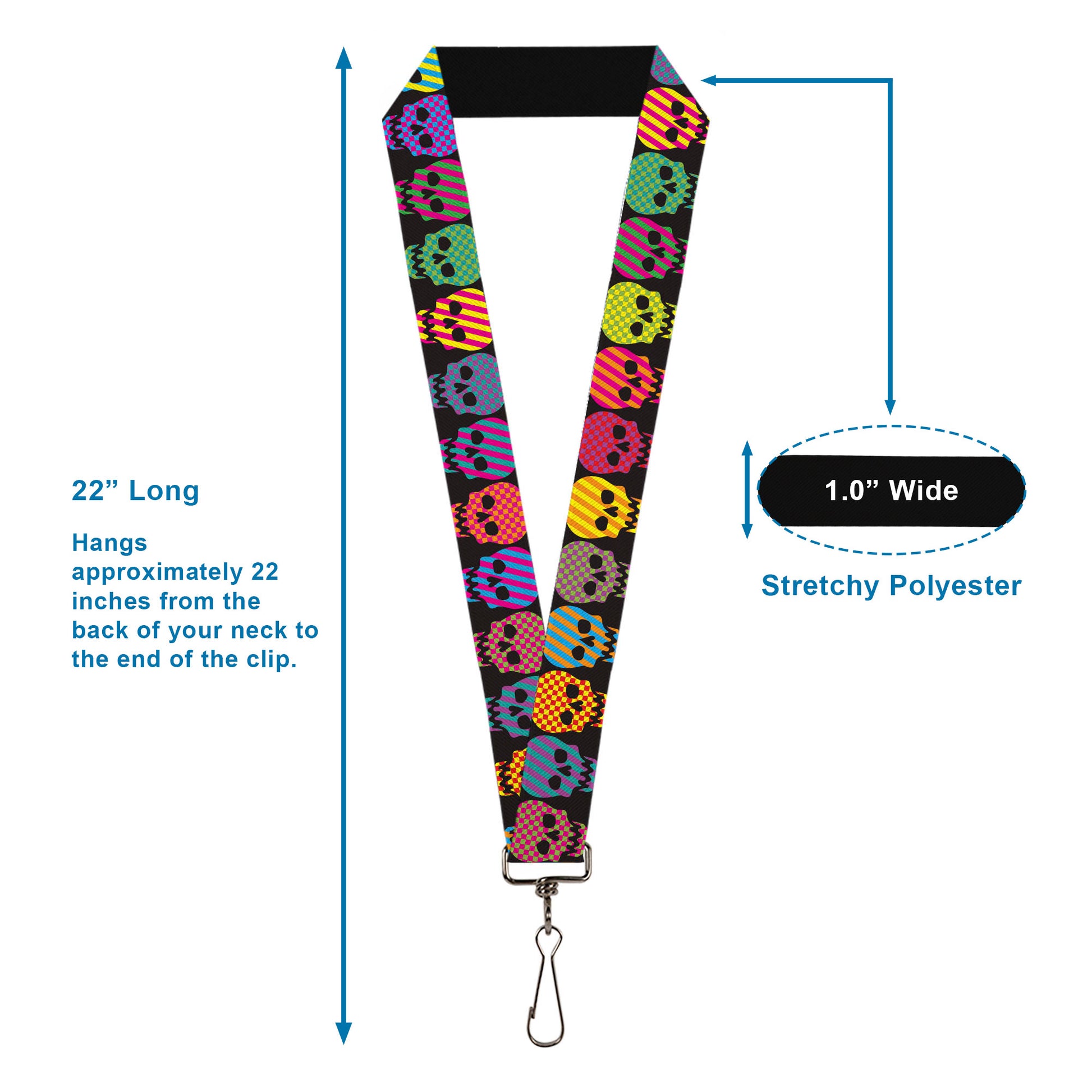 Lanyard - 1.0" - Checker & Stripe Skulls Black Multi Neon Lanyards Buckle-Down