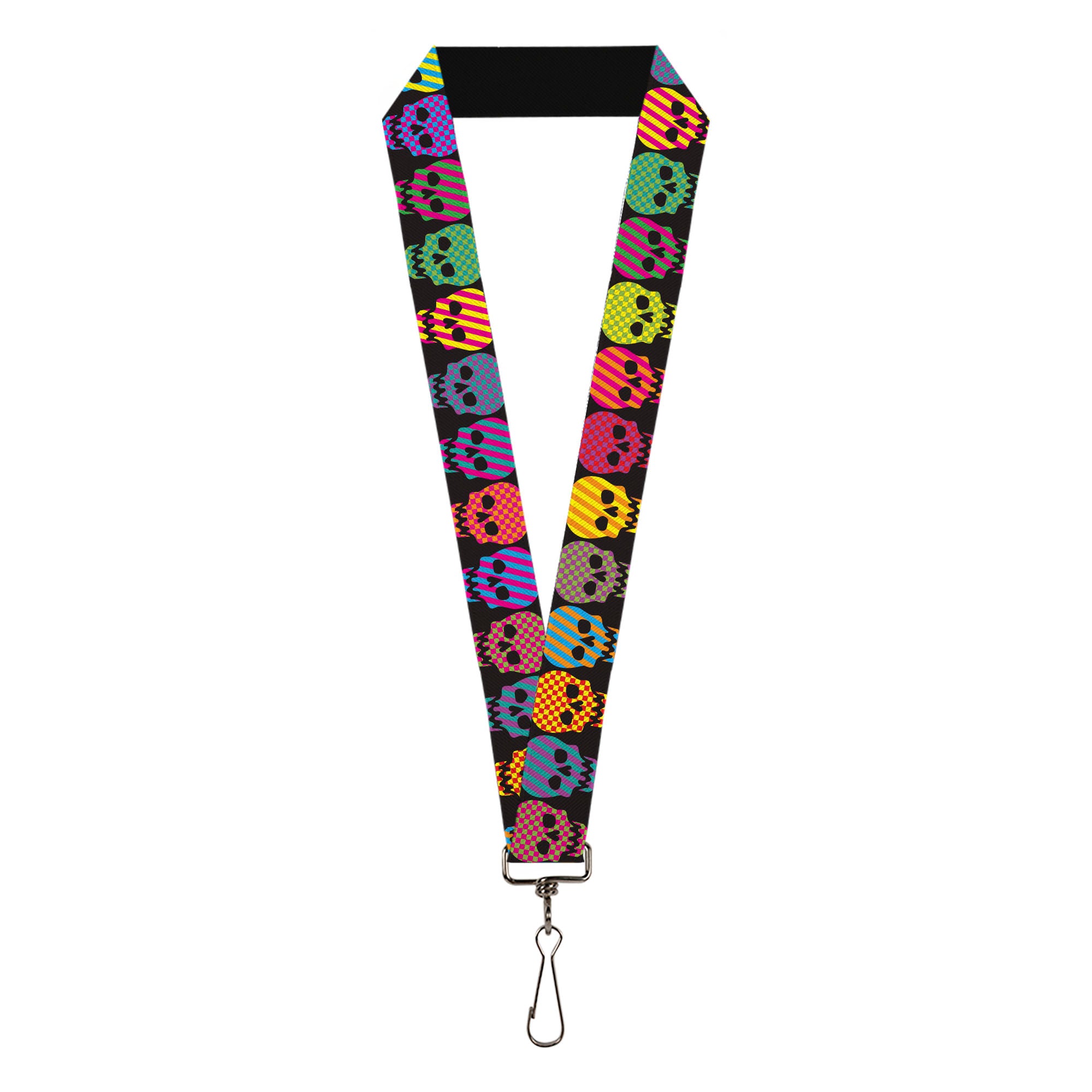 Lanyard - 1.0" - Checker & Stripe Skulls Black Multi Neon Lanyards Buckle-Down
