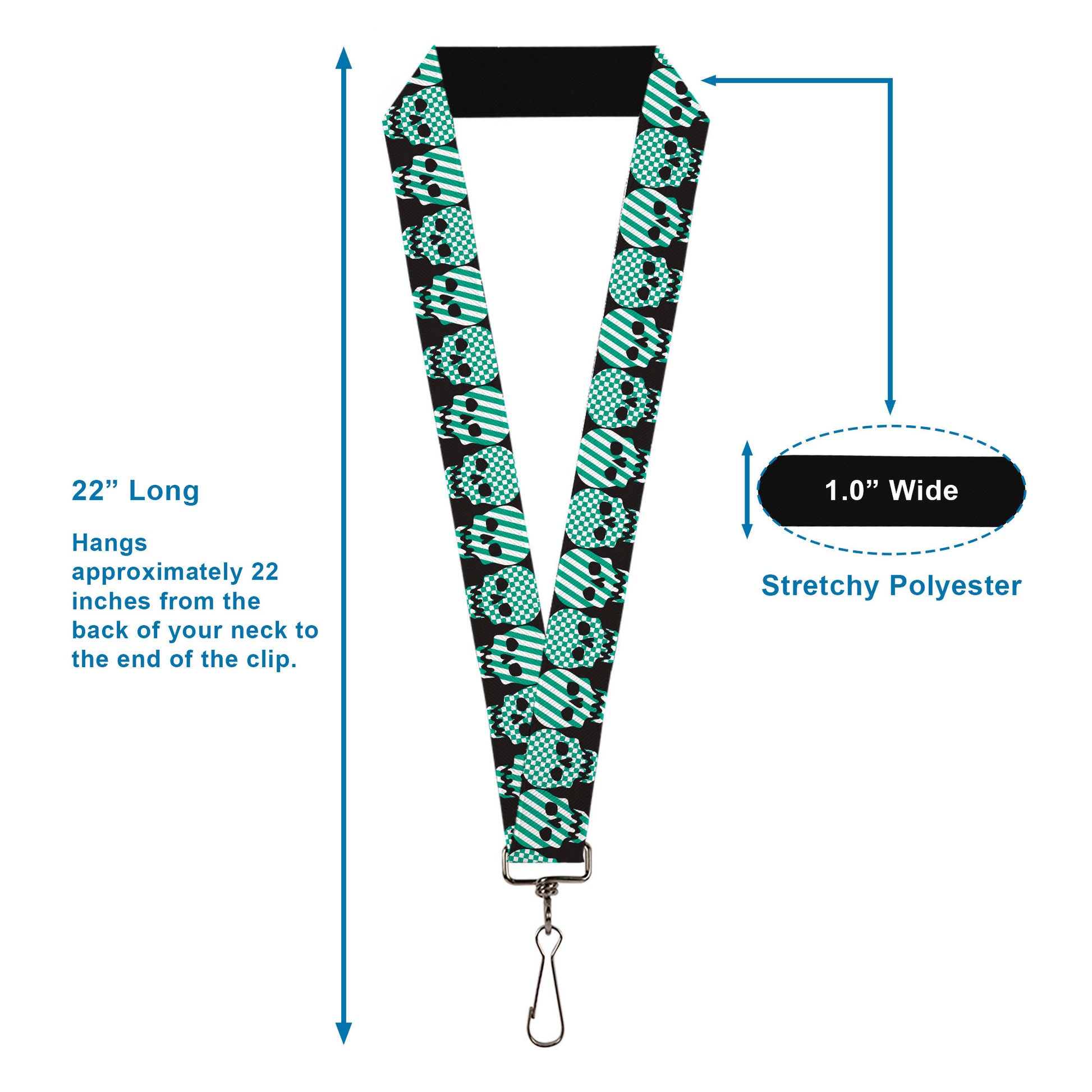 Lanyard - 1.0" - Checker & Stripe Skulls Black White Green Lanyards Buckle-Down
