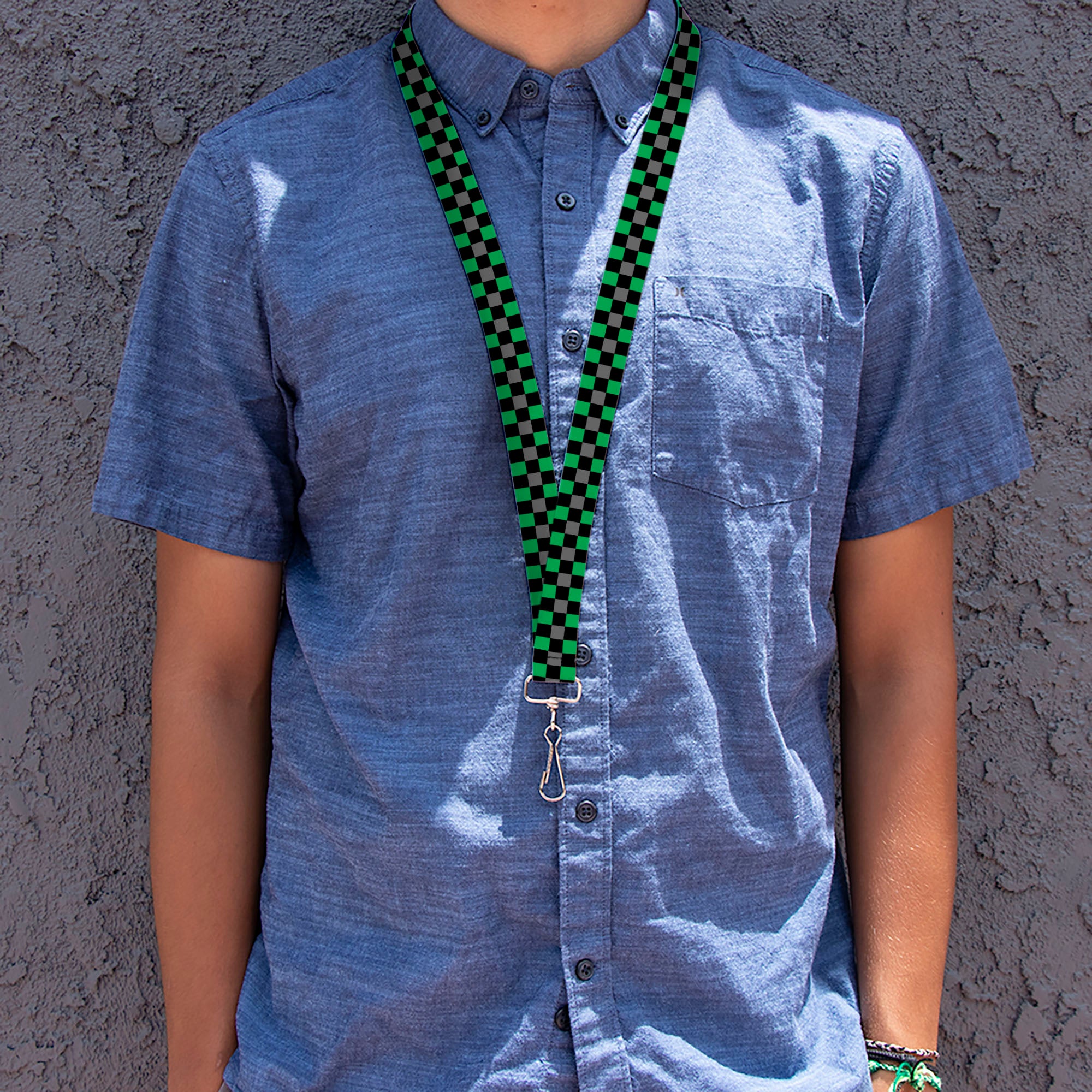 Lanyard - 1.0" - Checker Black Gray 2 Green Lanyards Buckle-Down