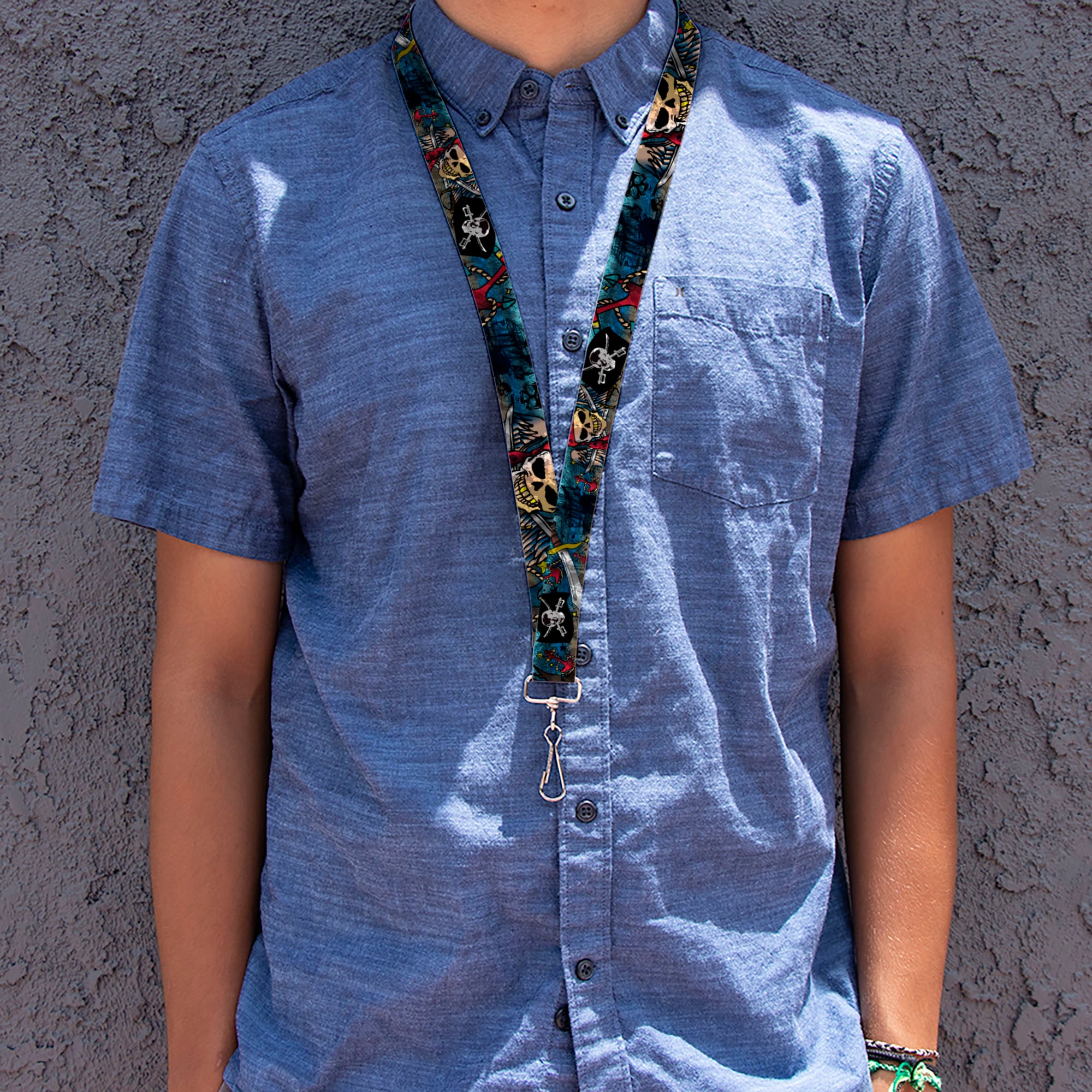 Lanyard - 1.0" - Dead Men Tell No Tales CLOSE-UP Turquoise Lanyards Buckle-Down