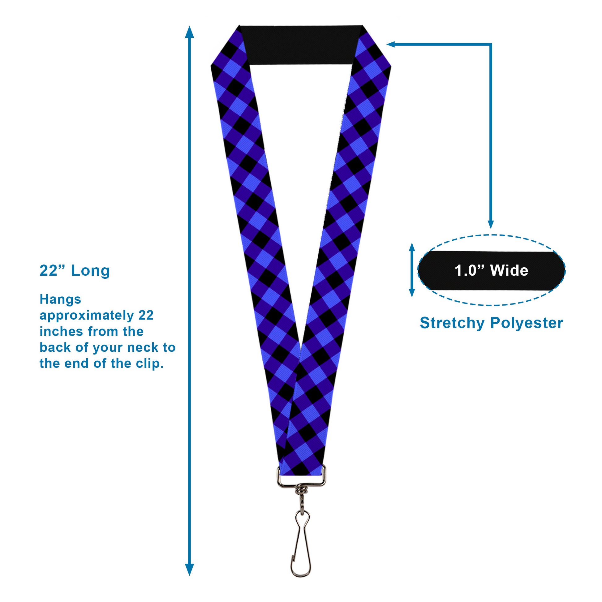 Lanyard - 1.0" - Diagonal Buffalo Plaid Black Blue Lanyards Buckle-Down