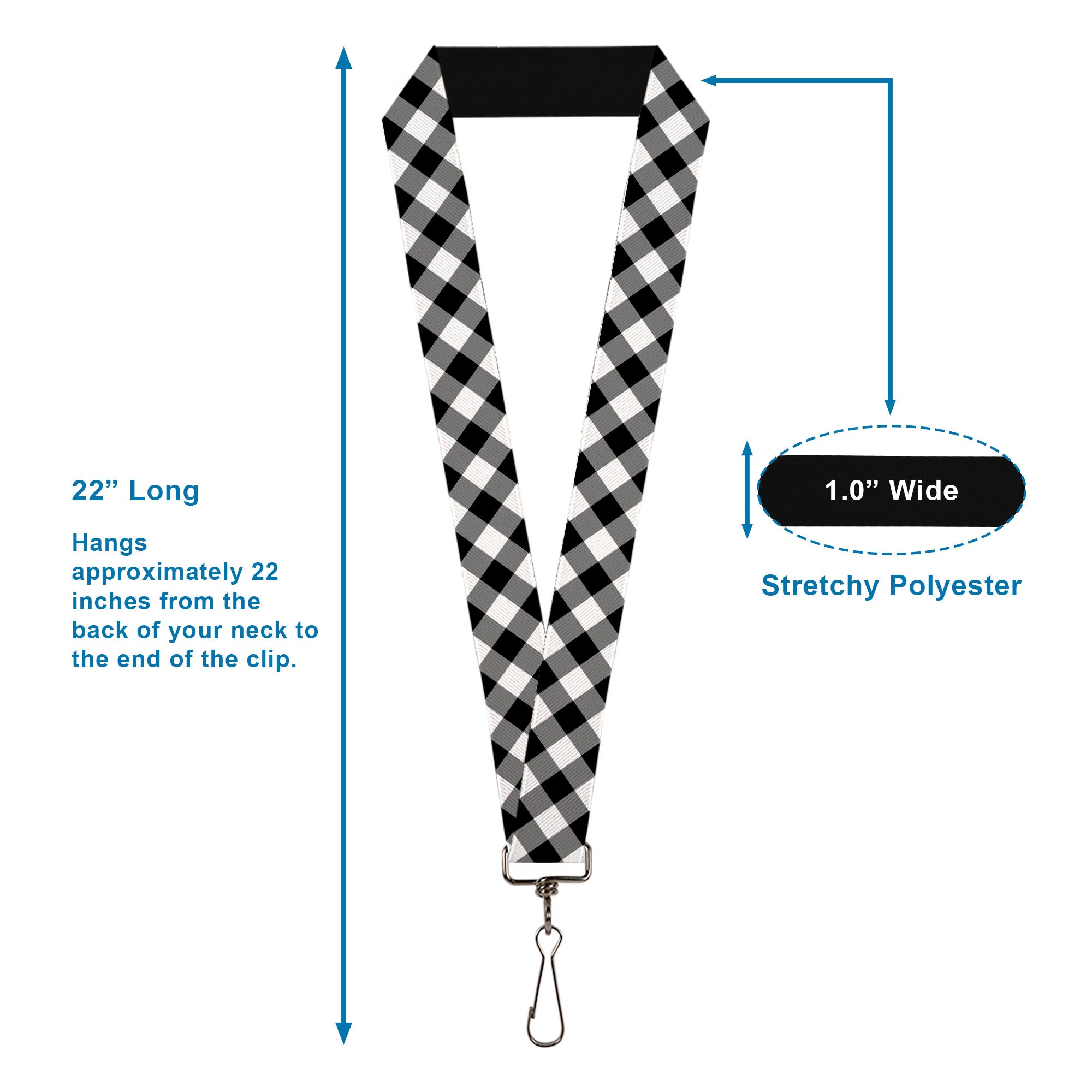 Lanyard - 1.0" - Diagonal Buffalo Plaid Black White Lanyards Buckle-Down