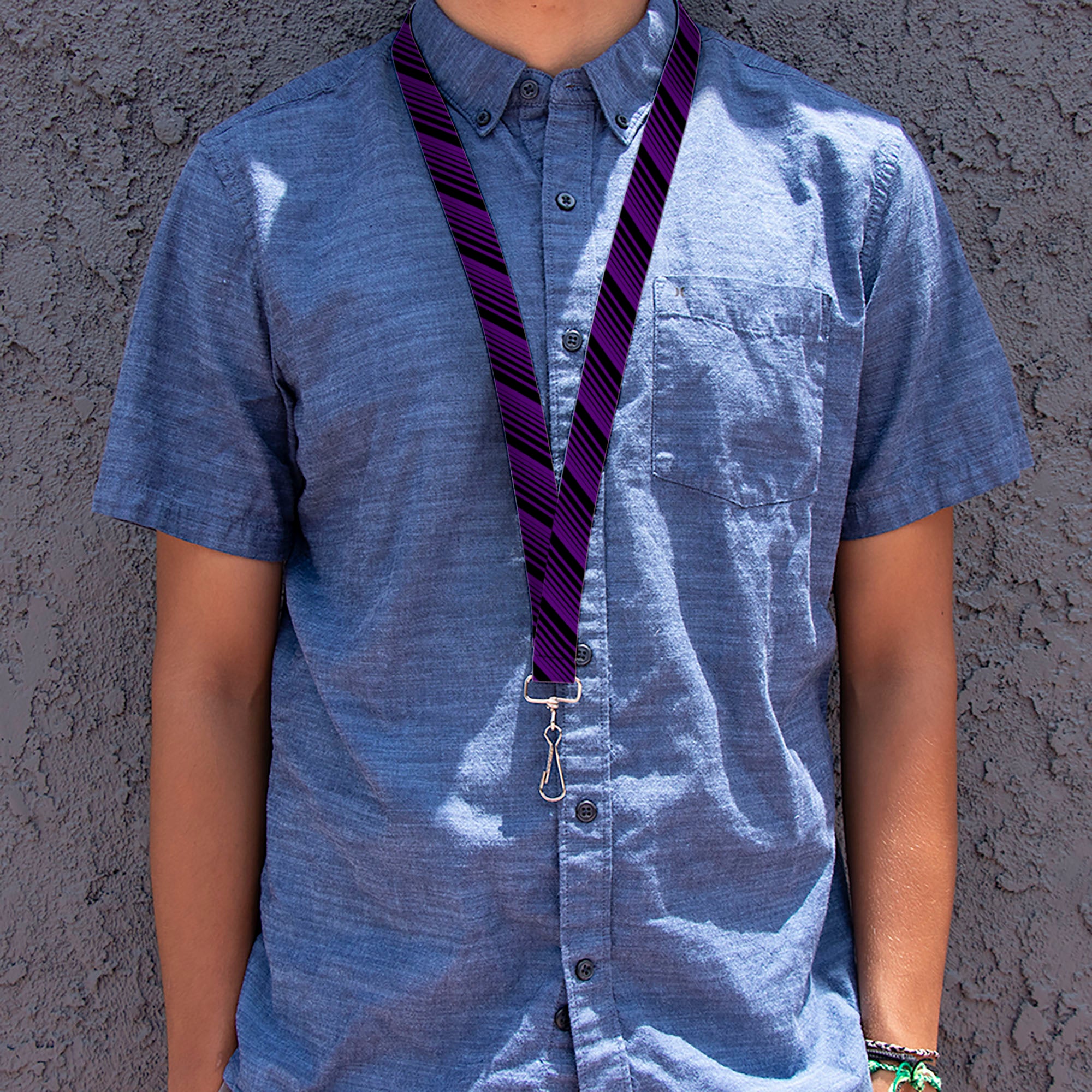 Lanyard - 1.0" - Diagonal Stripes Black Purple Lanyards Buckle-Down