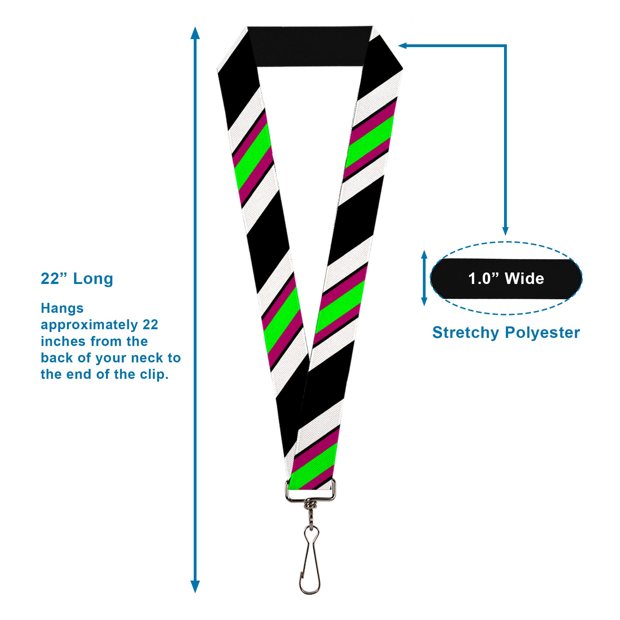 Lanyard - 1.0" - Diagonal Stripes Black White Pink Green Lanyards Buckle-Down