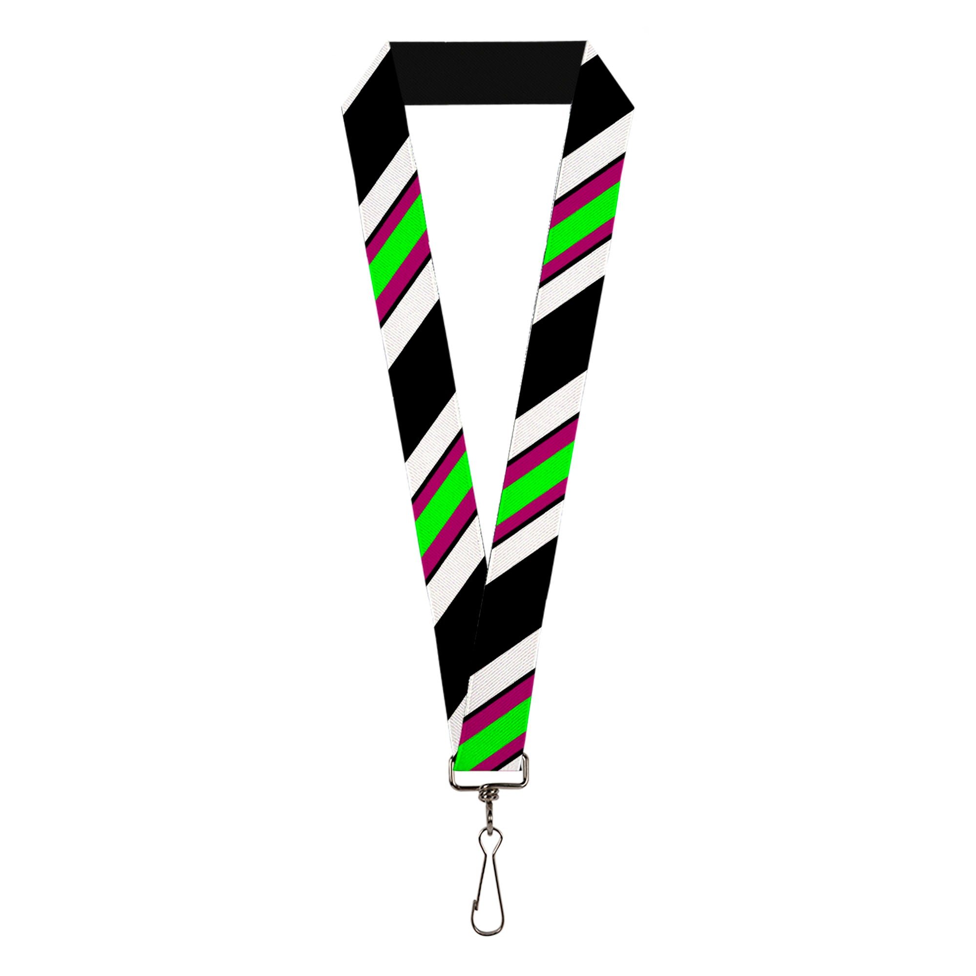 Lanyard - 1.0" - Diagonal Stripes Black White Pink Green Lanyards Buckle-Down