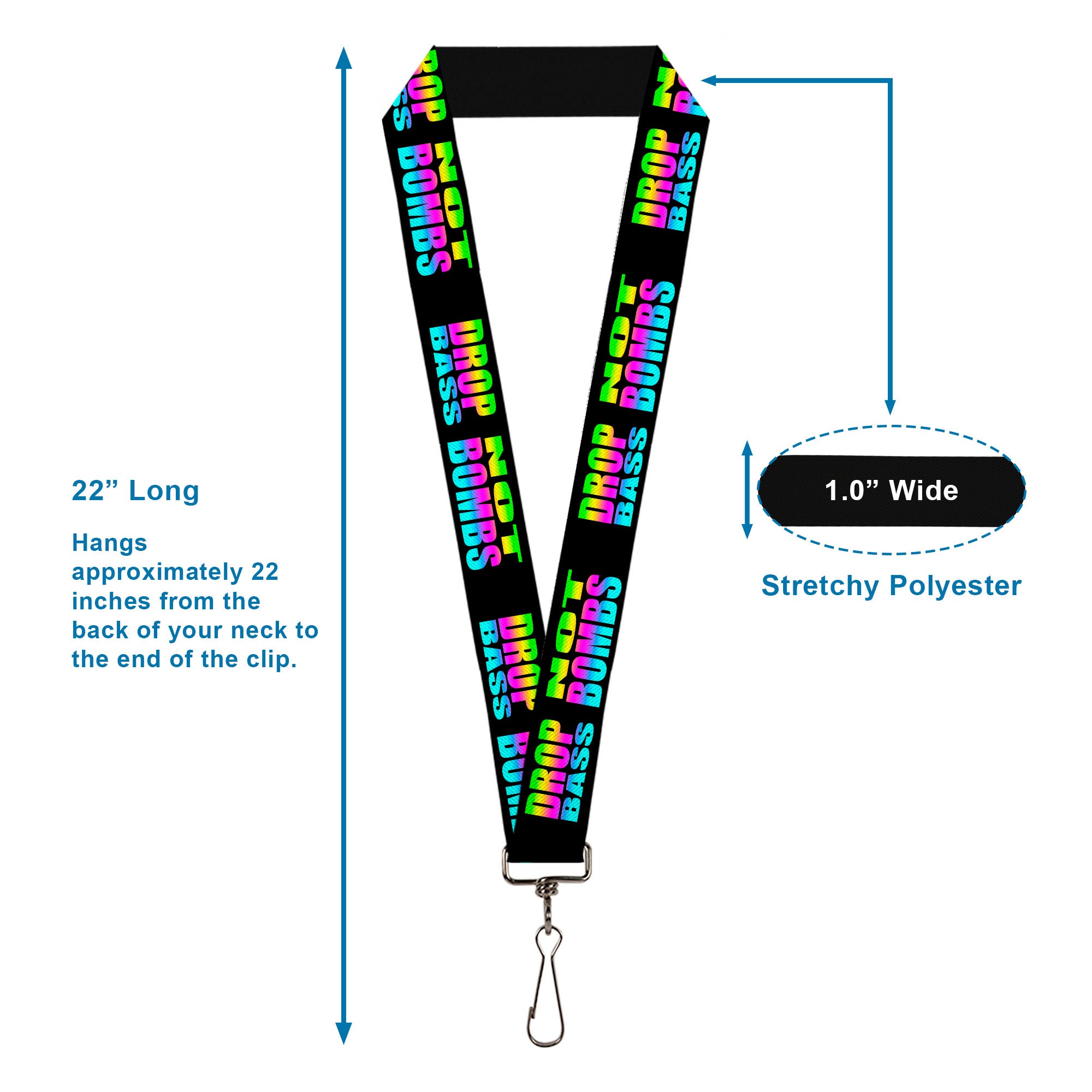 Lanyard - 1.0" - DROP BASS NOT BOMBS Black Rainbow Lanyards Buckle-Down