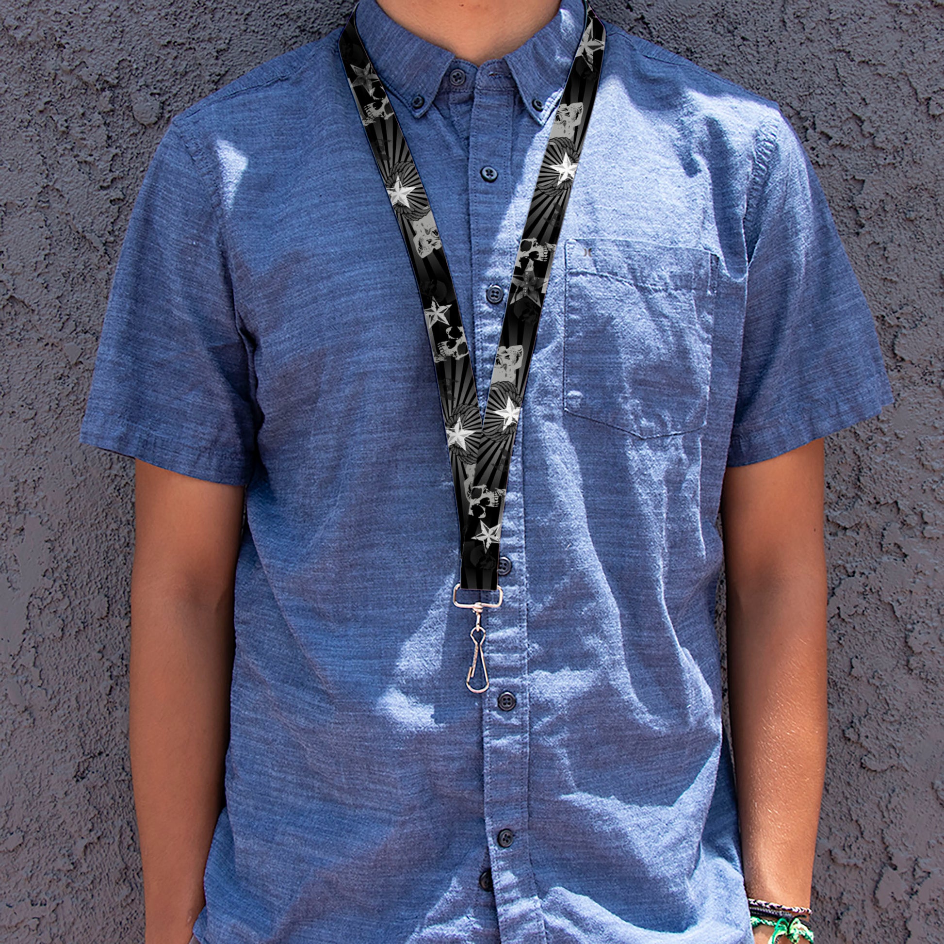 Lanyard - 1.0" - Die Hard Skulls & Stars1 Black Grays Lanyards Buckle-Down