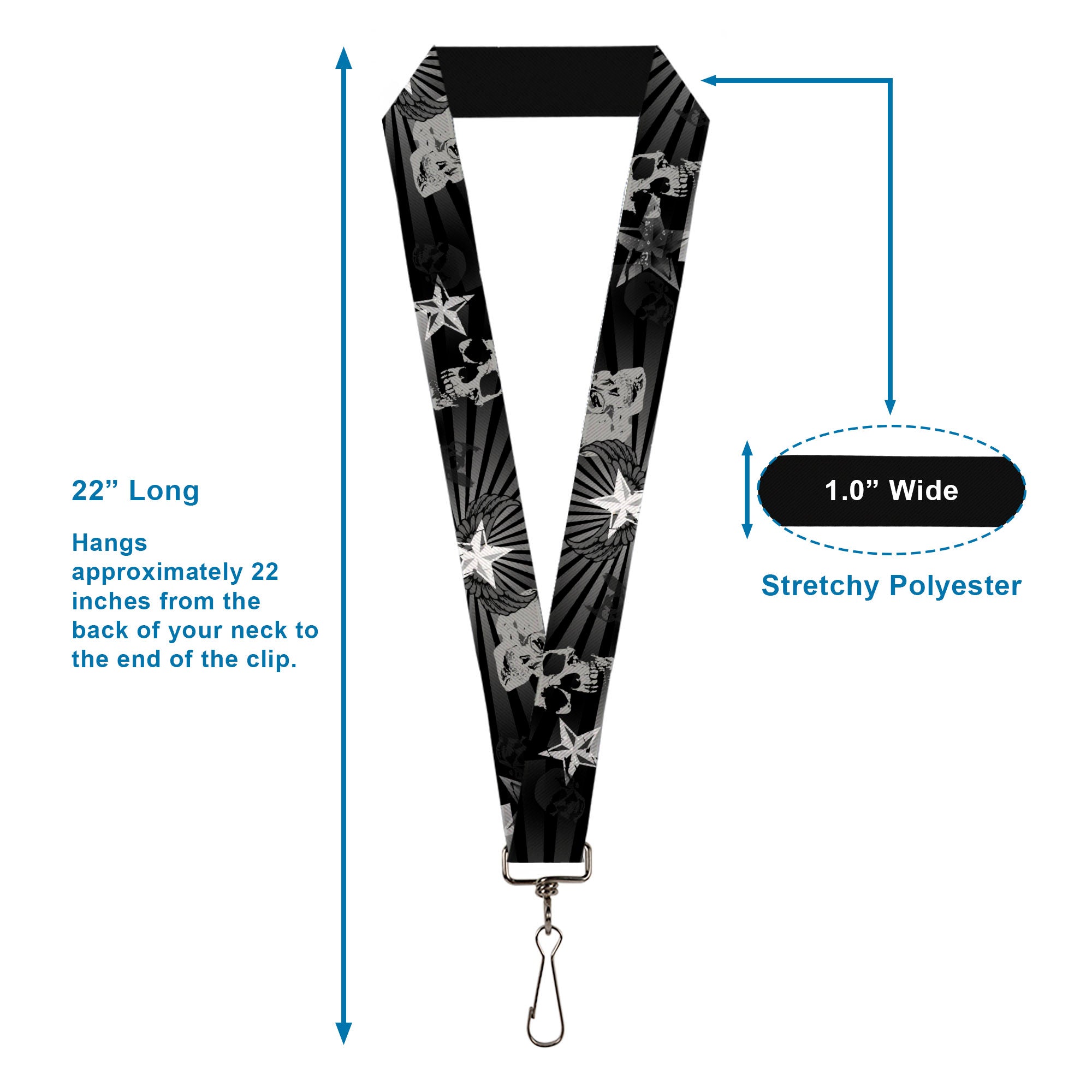Lanyard - 1.0" - Die Hard Skulls & Stars1 Black Grays Lanyards Buckle-Down