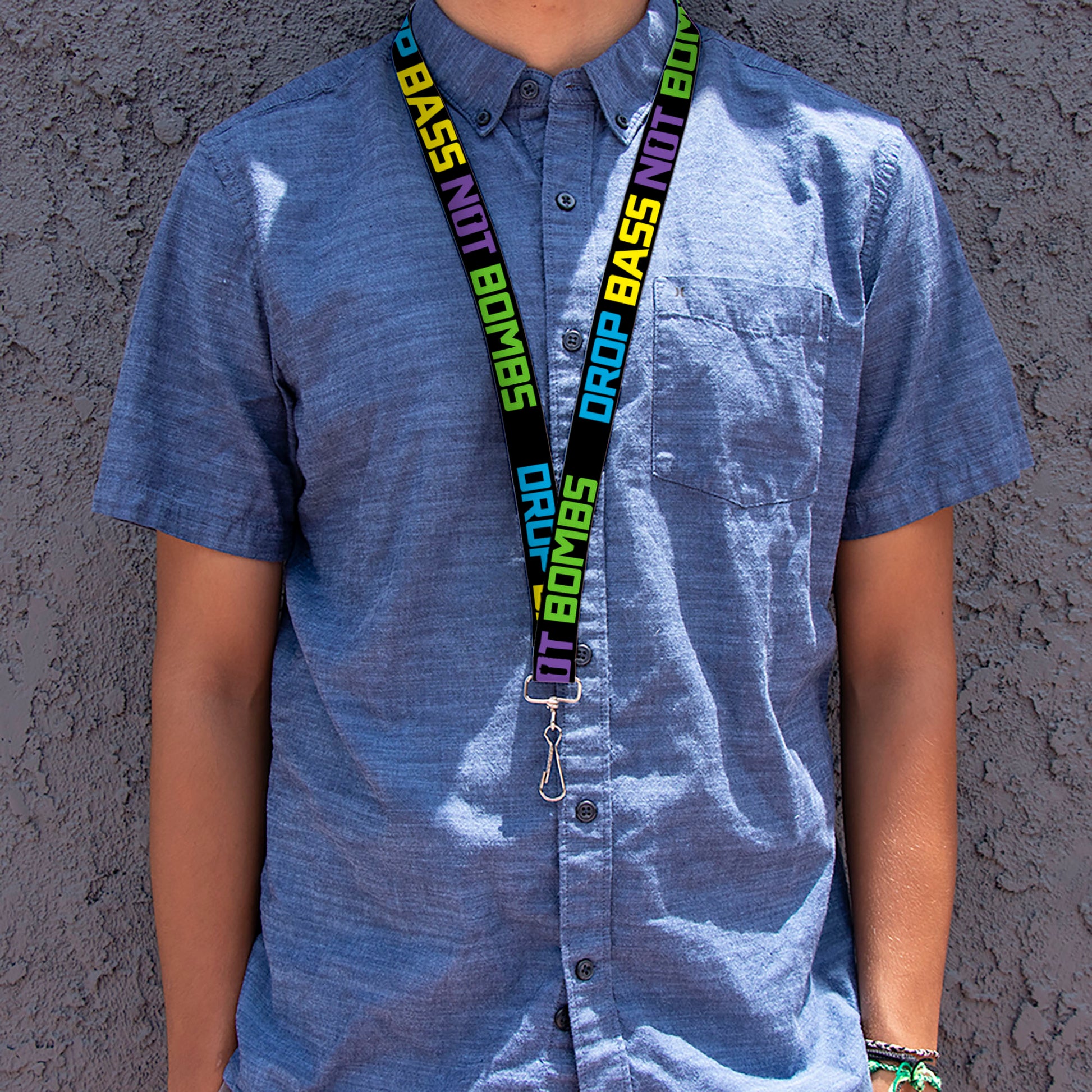 Lanyard - 1.0" - DROP BASS NOT BOMBS Black Blue Yellow Purple Green Lanyards Buckle-Down