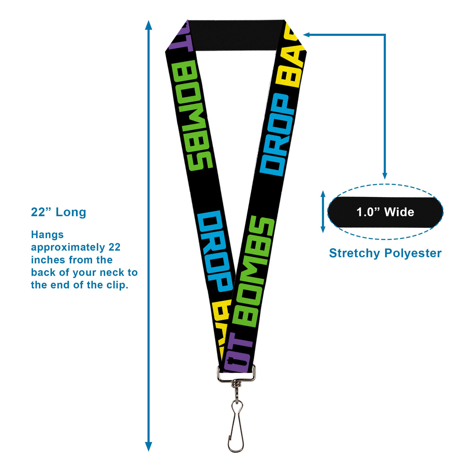 Lanyard - 1.0" - DROP BASS NOT BOMBS Black Blue Yellow Purple Green Lanyards Buckle-Down