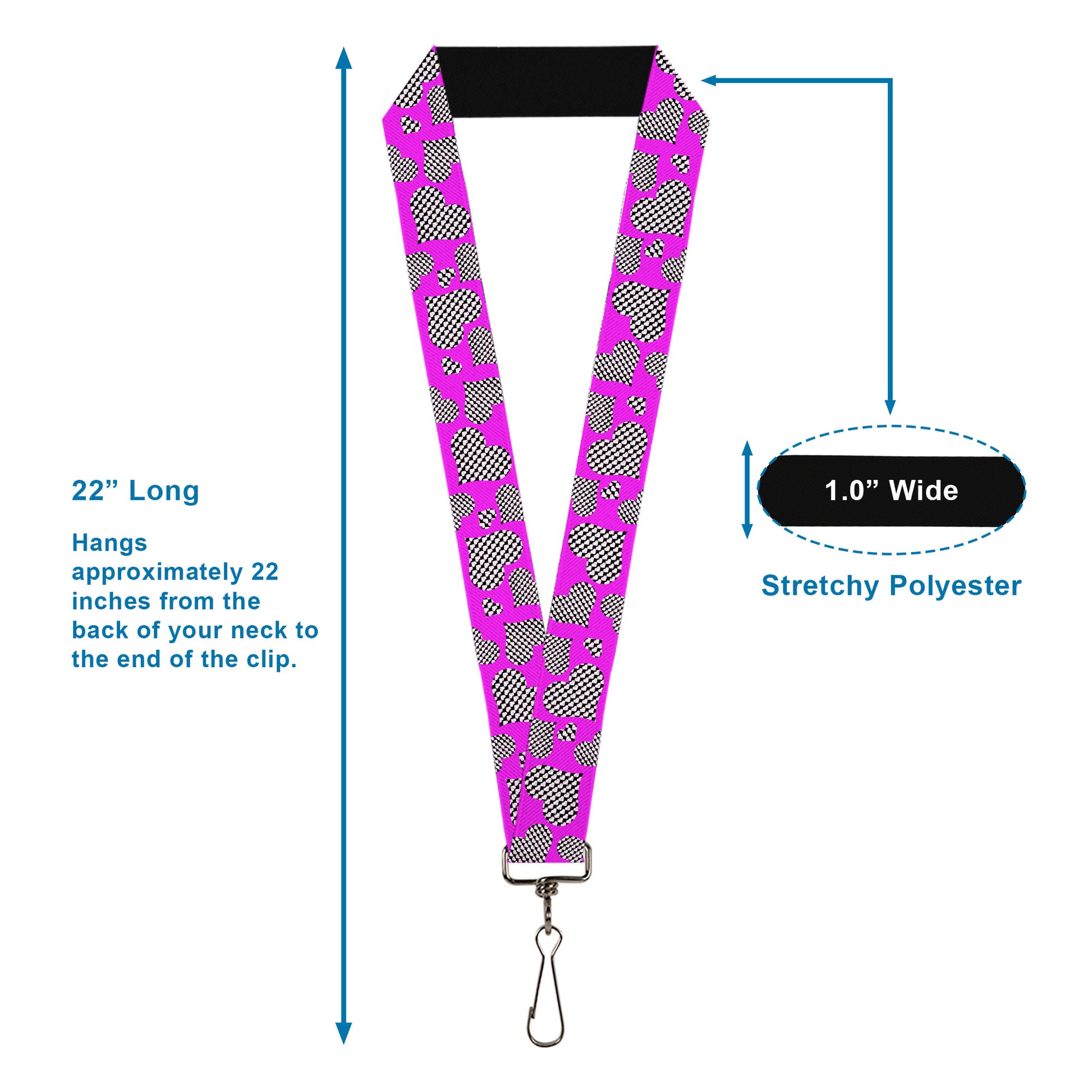 Lanyard - 1.0" - Eighties Hearts Fuchsia Black White Lanyards Buckle-Down