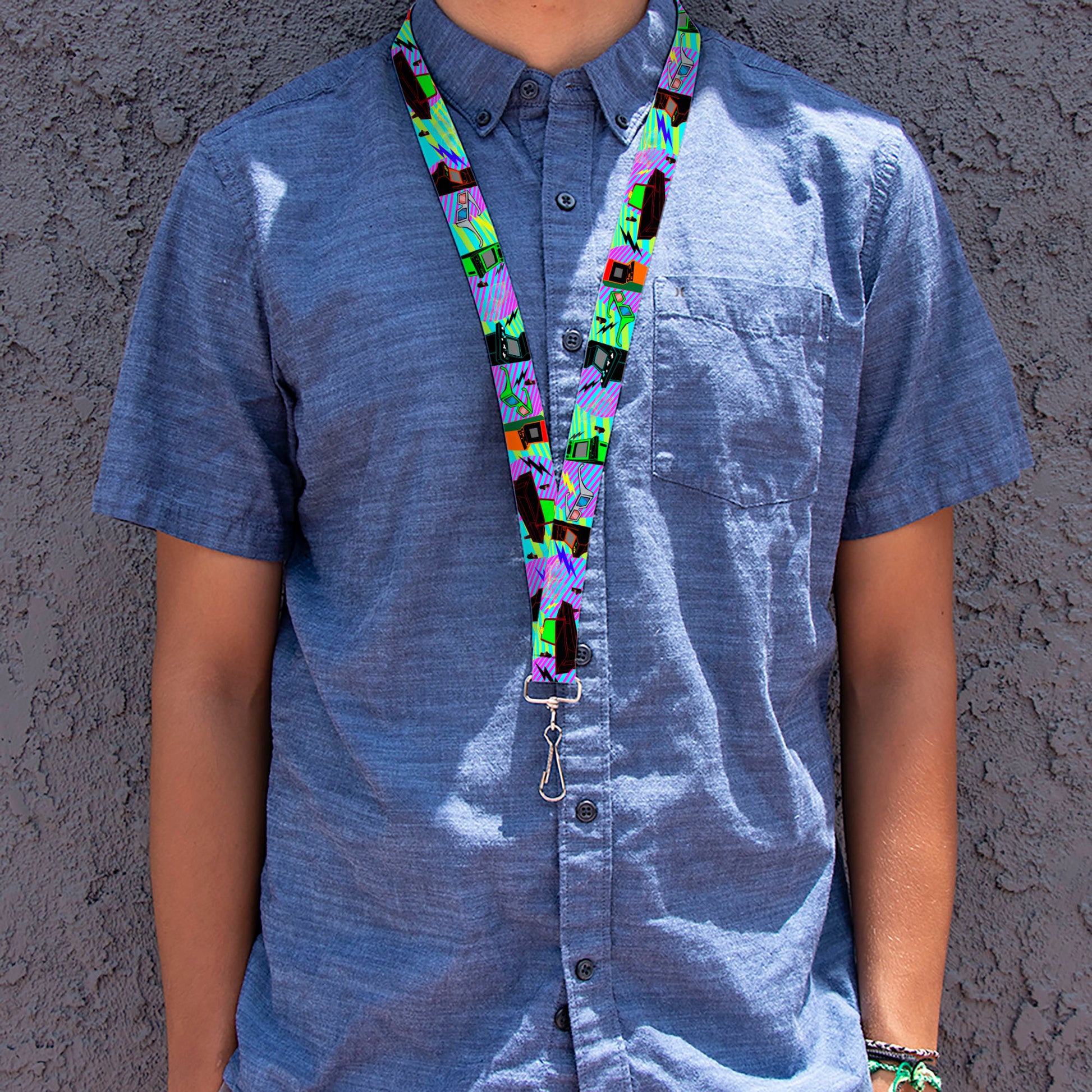 Lanyard - 1.0" - Eighties Arcade Multi Neon Stripes Lanyards Buckle-Down