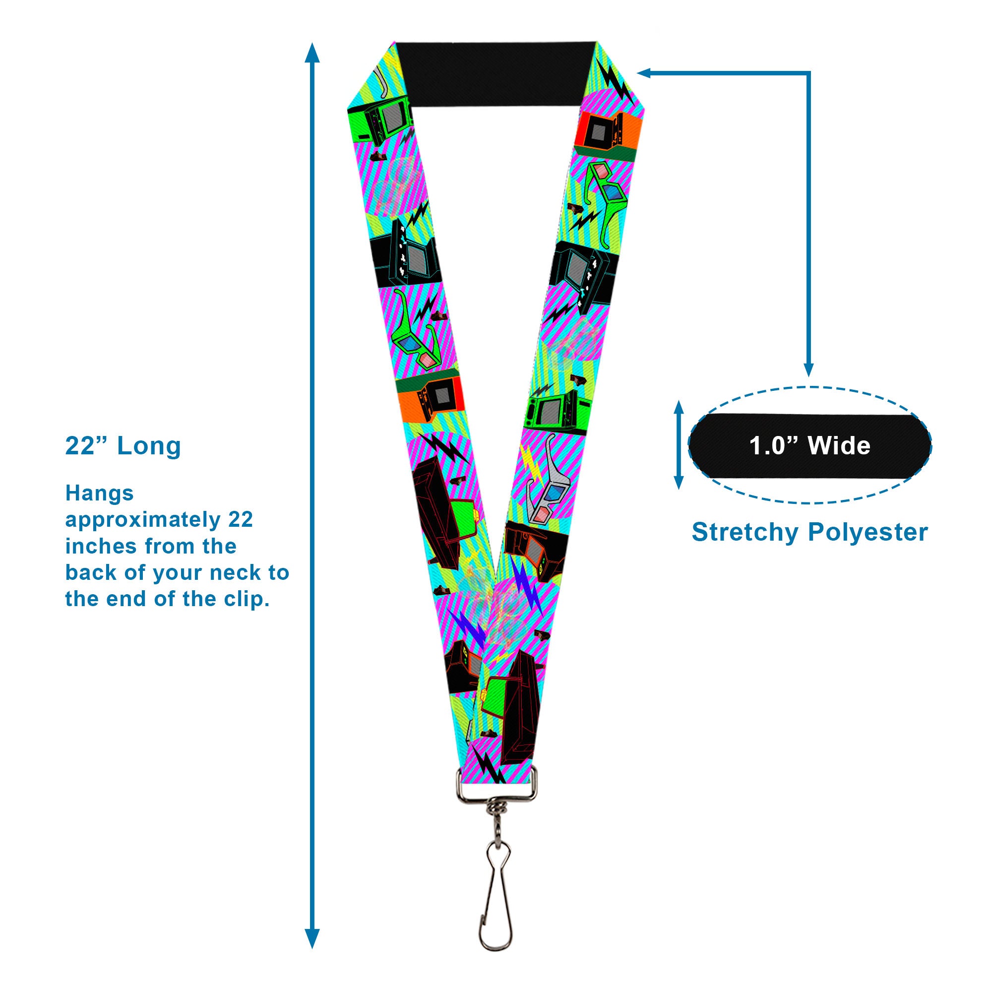 Lanyard - 1.0" - Eighties Arcade Multi Neon Stripes Lanyards Buckle-Down