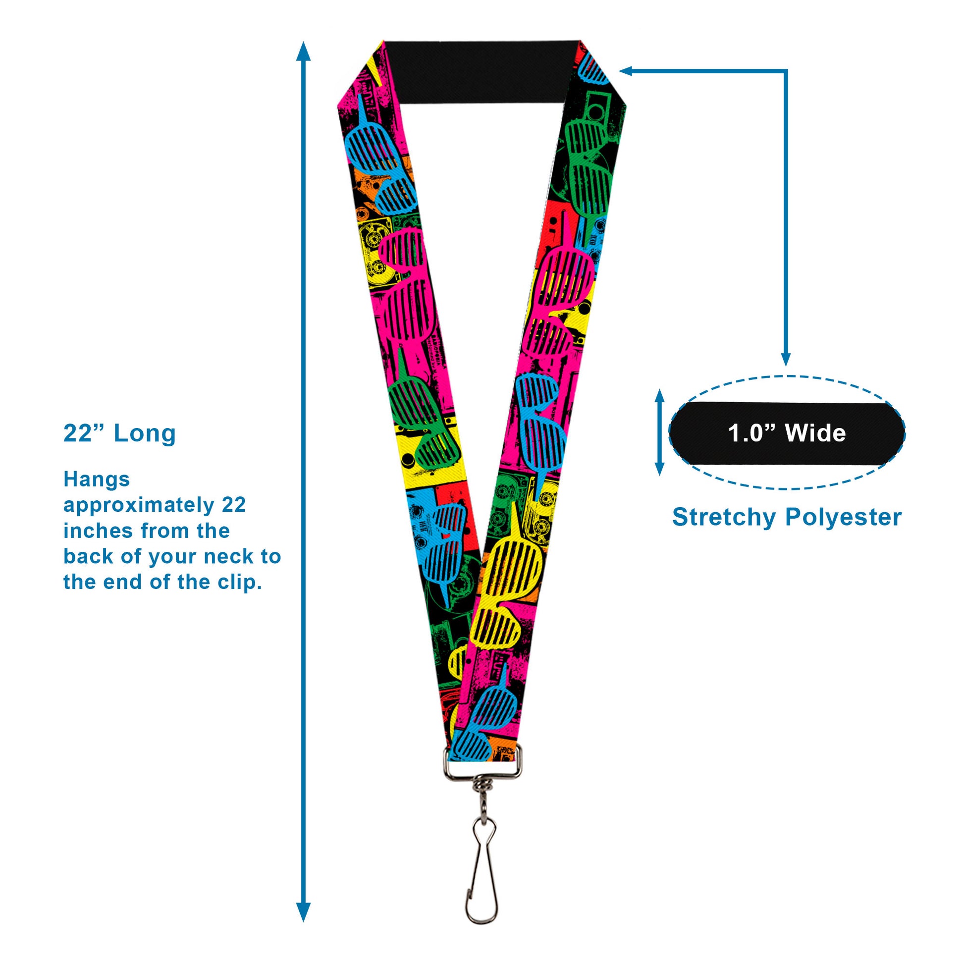 Lanyard - 1.0" - Eighties Shades Tapes Black Neon Lanyards Buckle-Down
