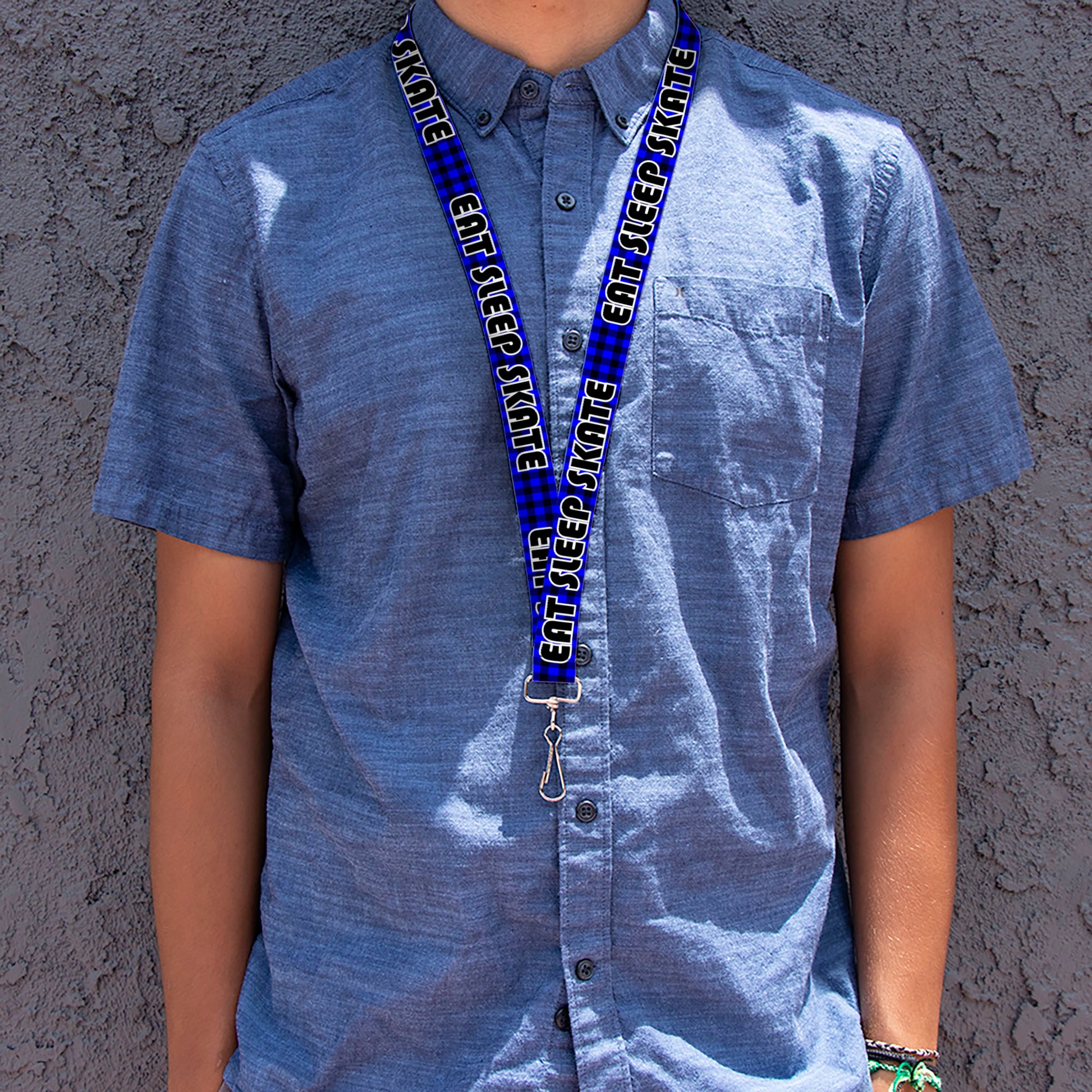 Lanyard - 1.0" - EAT SLEEP SKATE Buffalo Plaid Blue Lanyards Buckle-Down