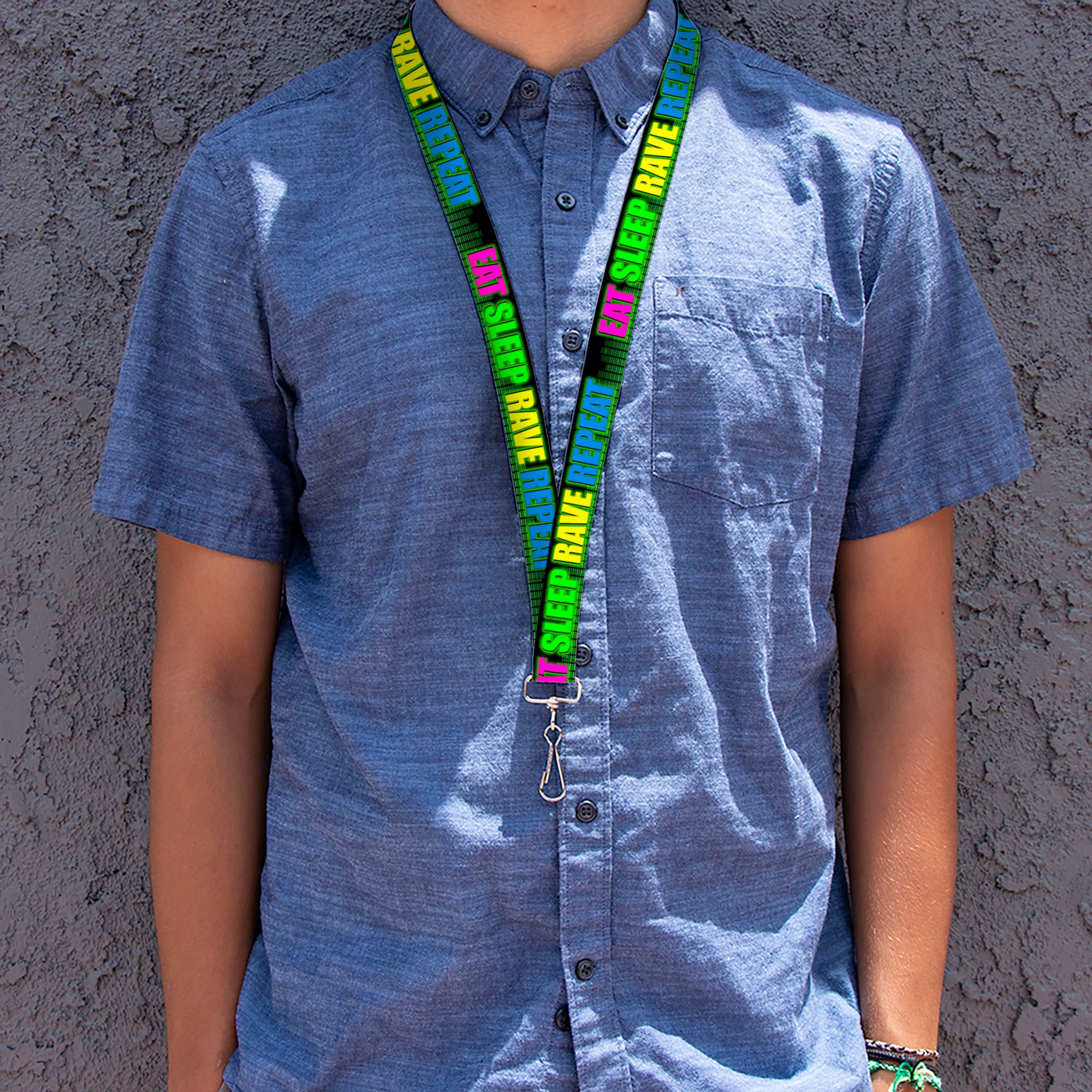 Buckle-Down Lanyard - EAT SLEEP RAVE REPEAT Black/Multi Neon Lanyards Buckle-Down