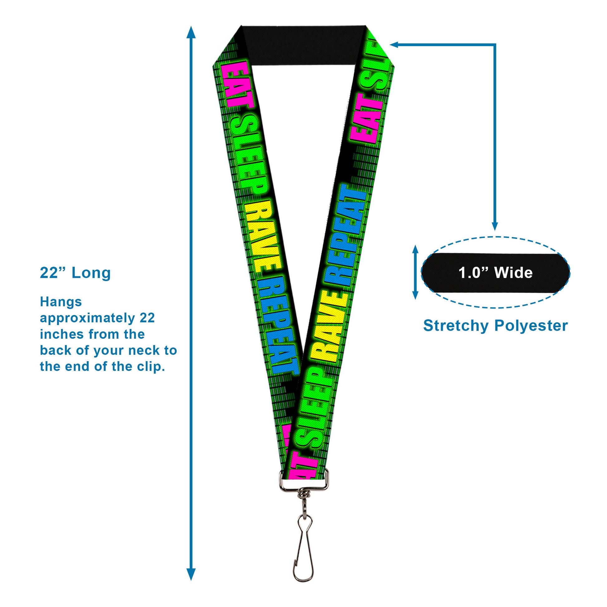 Buckle-Down Lanyard - EAT SLEEP RAVE REPEAT Black/Multi Neon Lanyards Buckle-Down