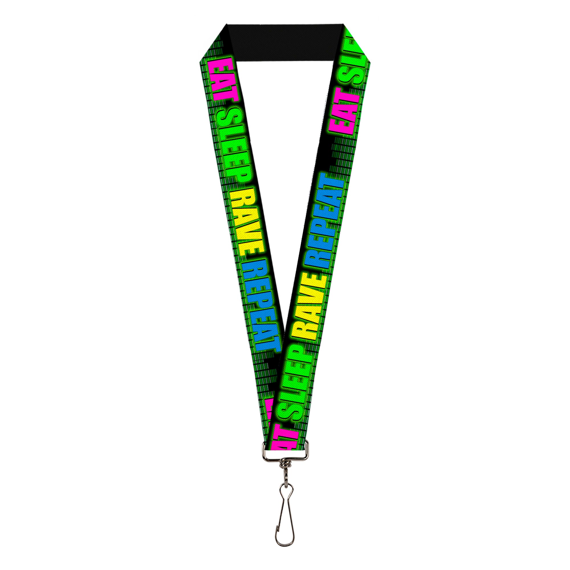 Buckle-Down Lanyard - EAT SLEEP RAVE REPEAT Black/Multi Neon Lanyards Buckle-Down